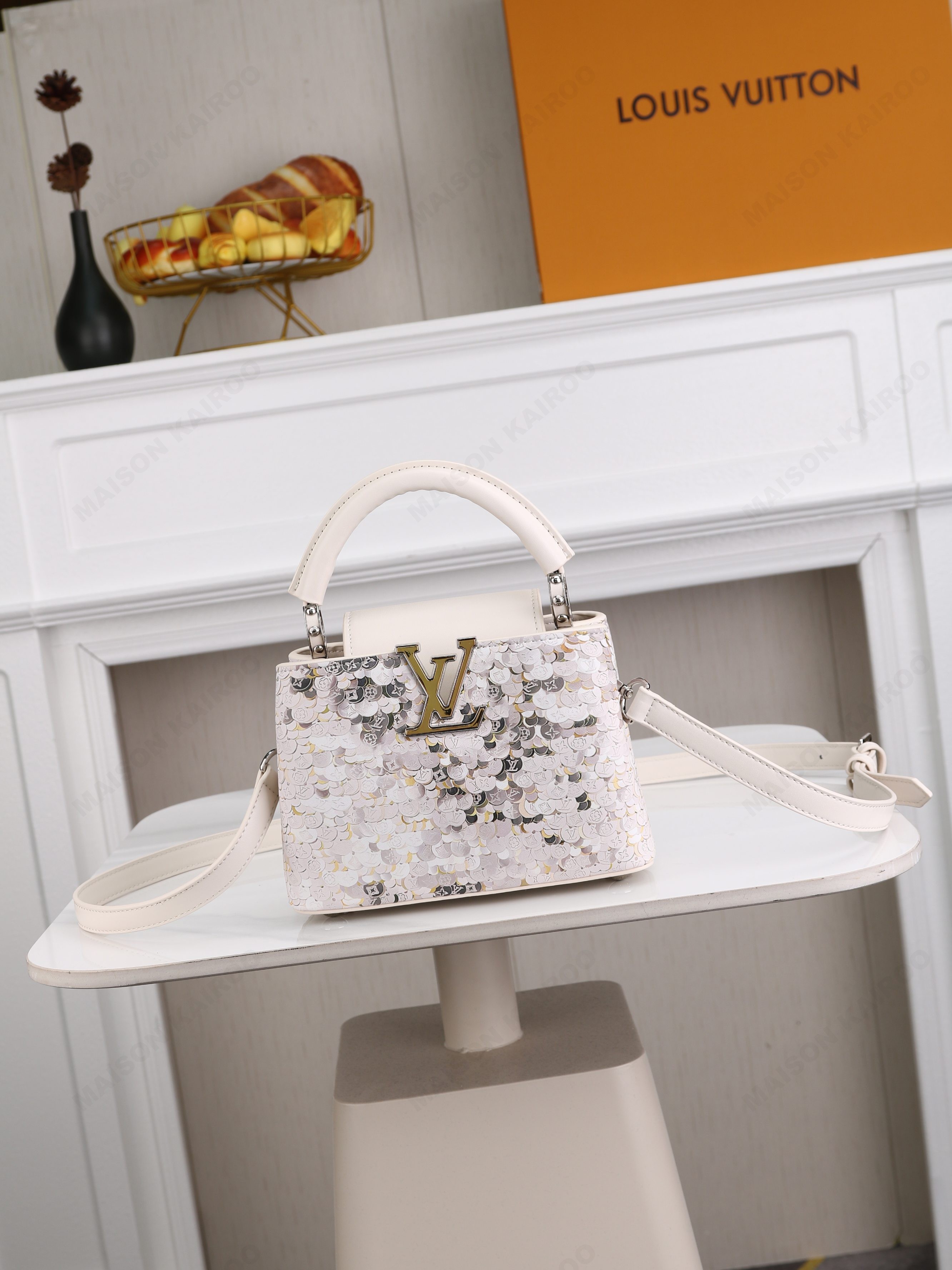 Louis Vuitton LV Capucines BB/Mini White Logo Fish Scale Printed Leather Top Handle Bag - KAIROO