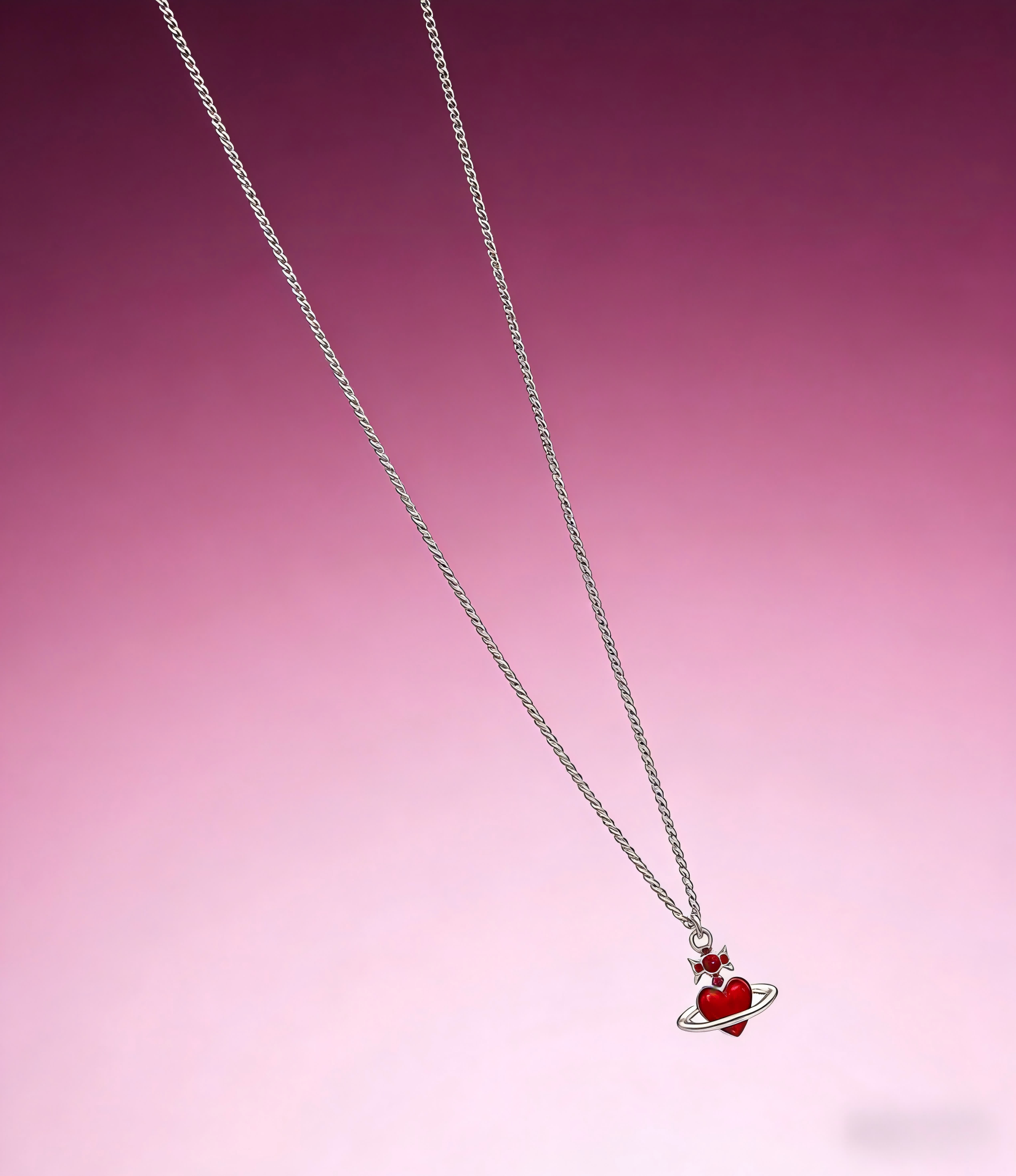 2026 New Vivienne Westwood Style Red Heart Saturn Pendant Necklace - Silver Tone Rhinestone Celestial Jewelry for Women