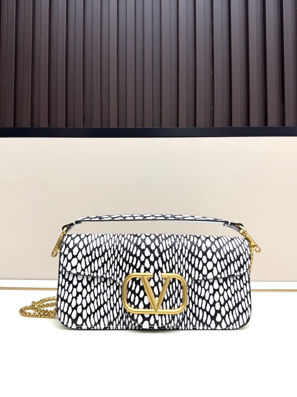 Valentino Garavani Locò Black White Python-Effect Printed Leather Gold VLogo Shoulder Baguette Bag - KAIROO