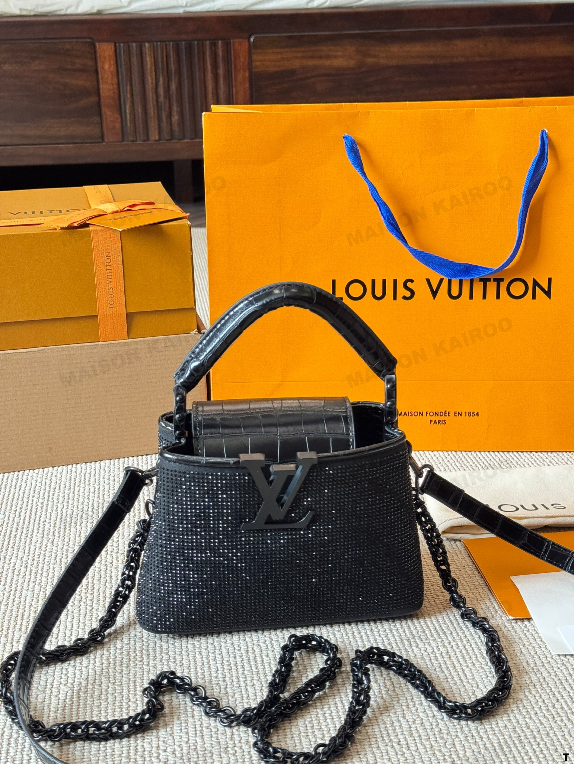 Louis Vuitton LV Capucines BB & Mini Black Full Crystal Croc Embossed Leather Flap Chain Top Handle Bag - KAIROO