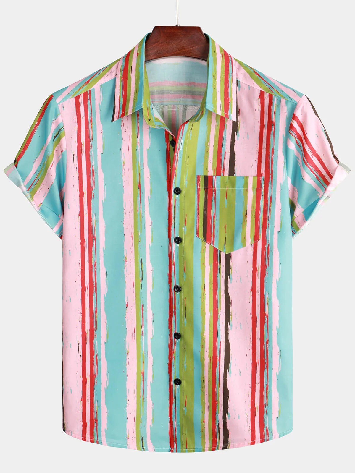 Men's Retro Green Pink Striped Casual Summer Short Sleeve Shirt