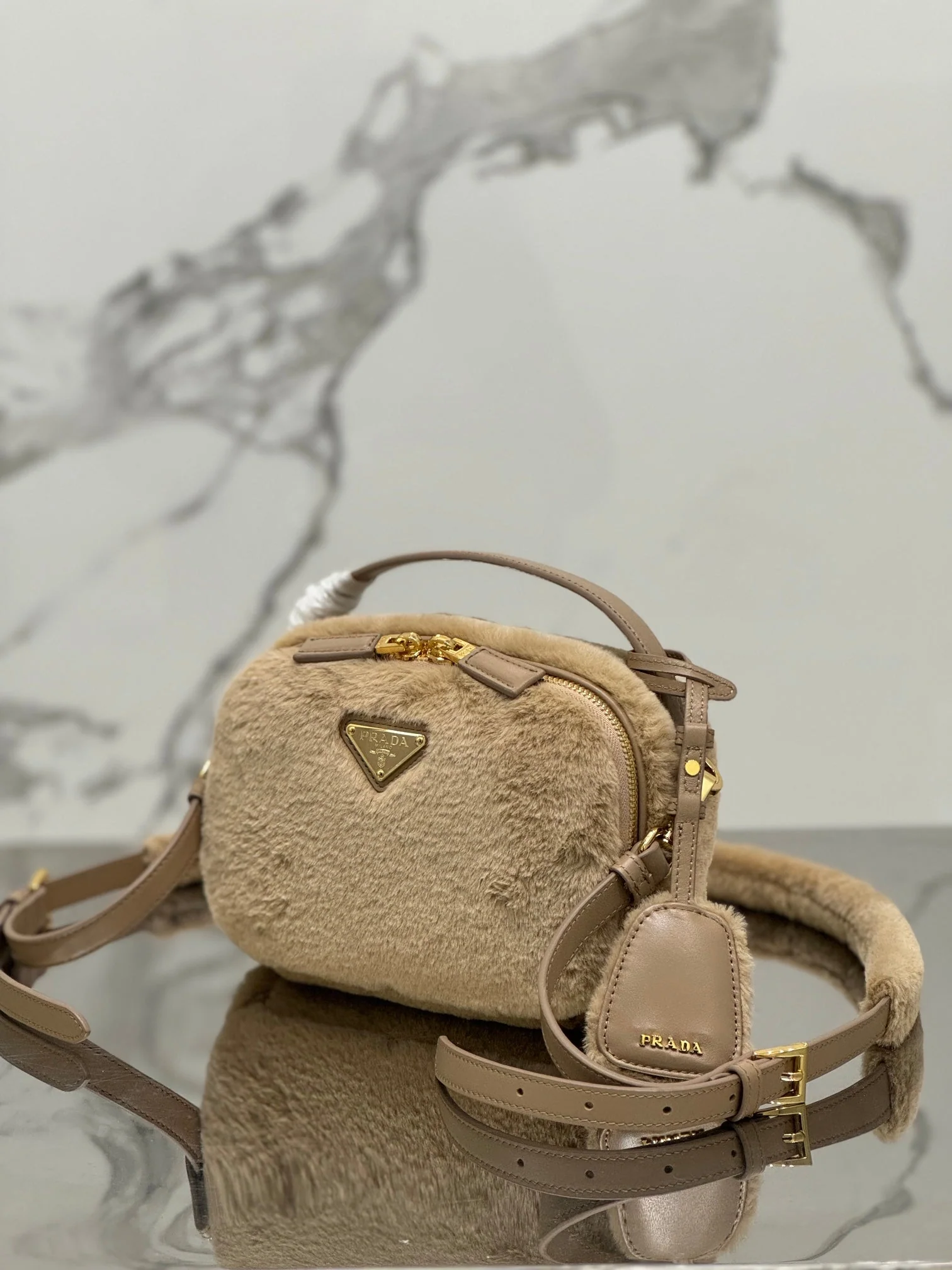 Prada MINI SHOULDER BAG 19 IN BEIGE RABBIT FUR