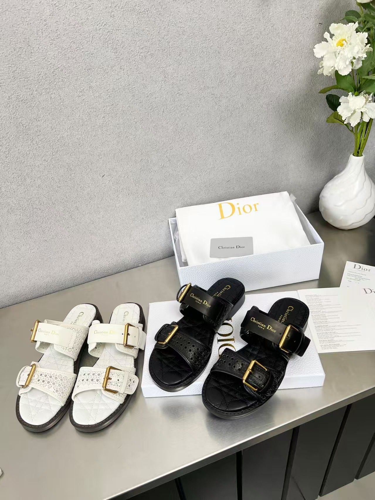 Dior Christian Dior Slide Sandal in Dual Metal Buckle Straps Perforated Leather - KAIROO