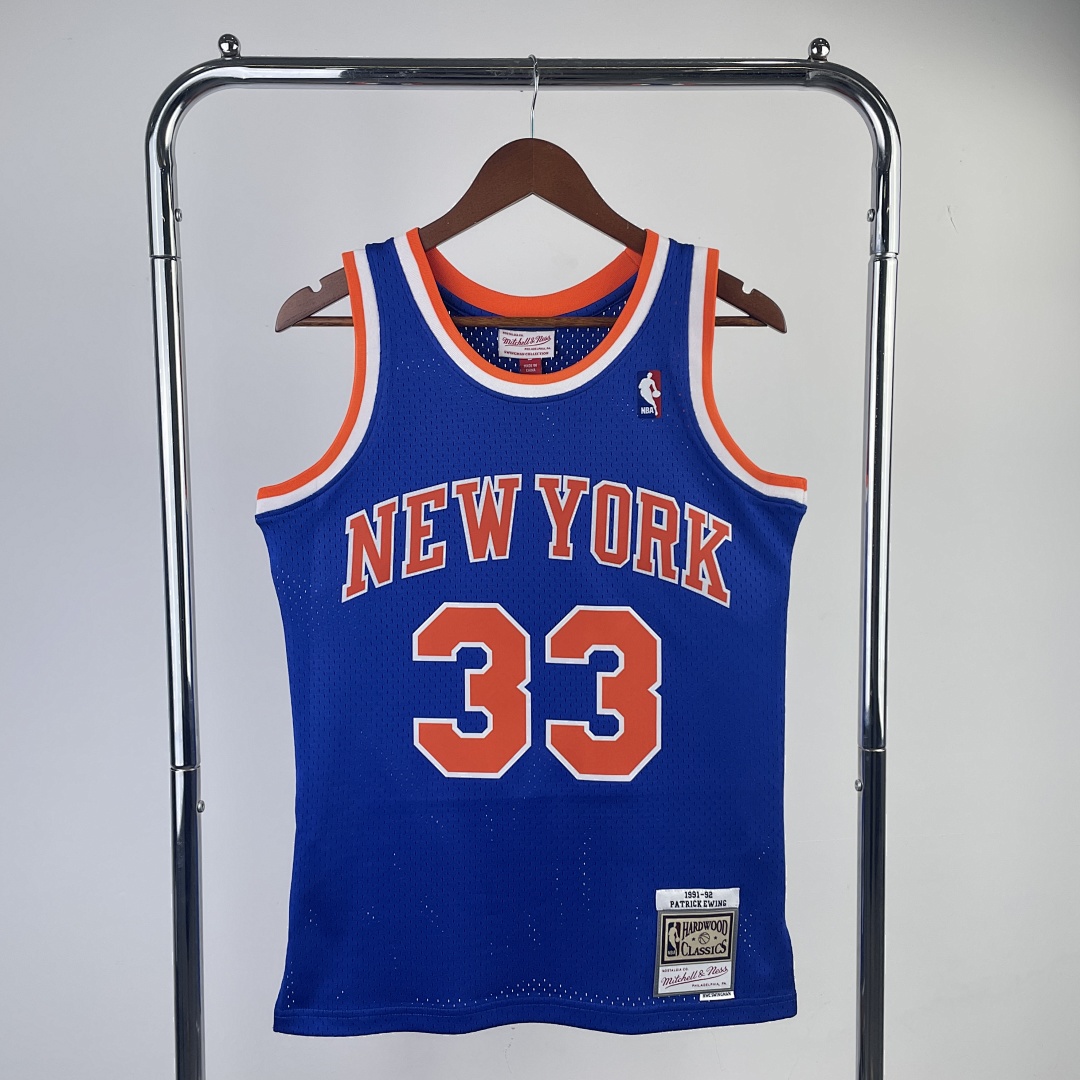 MN Fan Edition Heat-Pressed Retro Jersey: Knicks 1991/92 Season Blue #33 Ewing S-2XL
