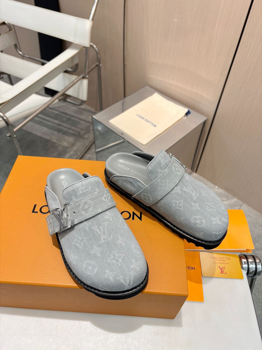 Louis Vuitton Cosy Monogram Light Grey Denim Silver Logo Buckle Flat Birkenstock Sandals Clog Mules - KAIROO