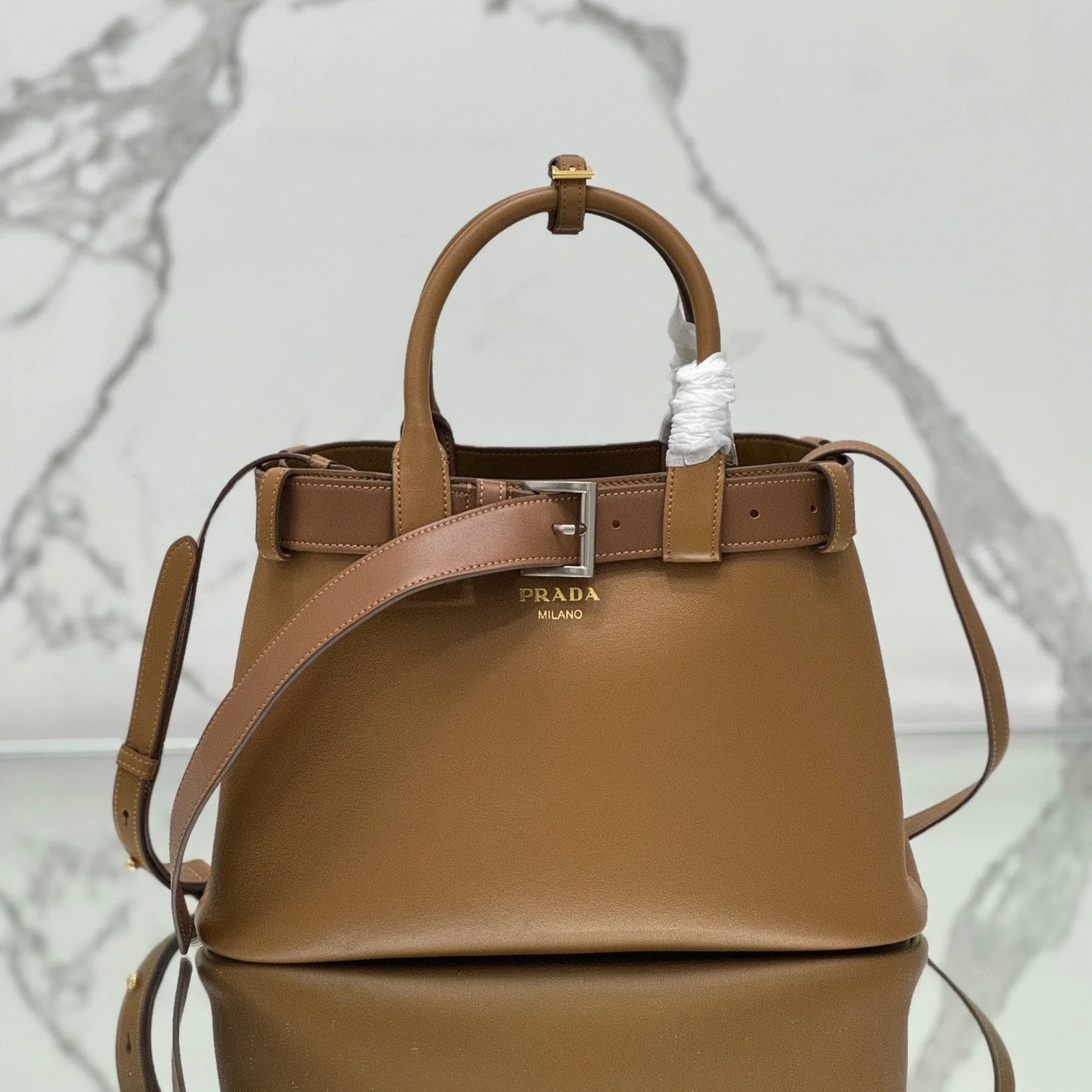 Prada TOTE BAG 32 IN CIDER BROWN IMPORTED CALFSKIN