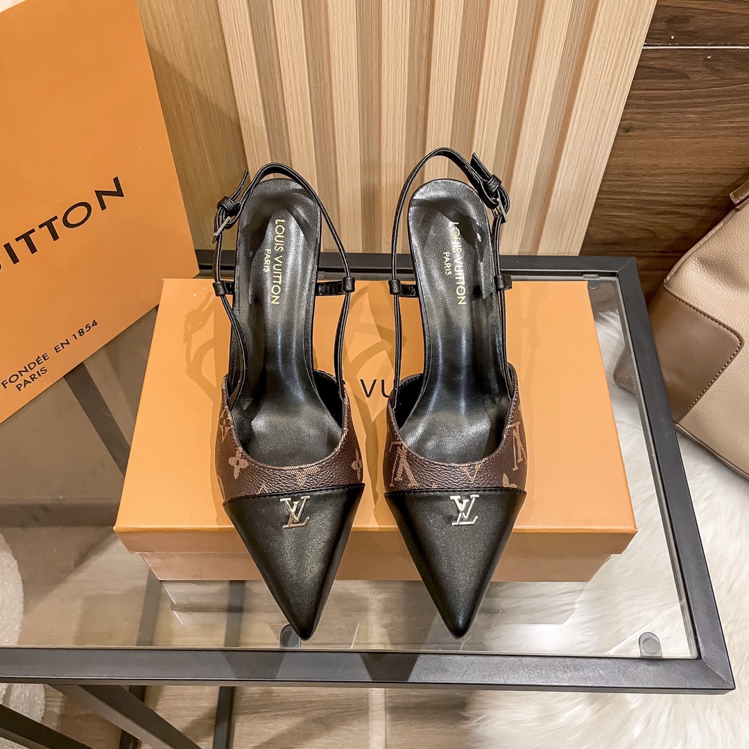 Louis Vuitton Monogram Canvas &Damier Ebene Leather Pointed Toe Slingback Kitten Heels Sandals - KAIROO