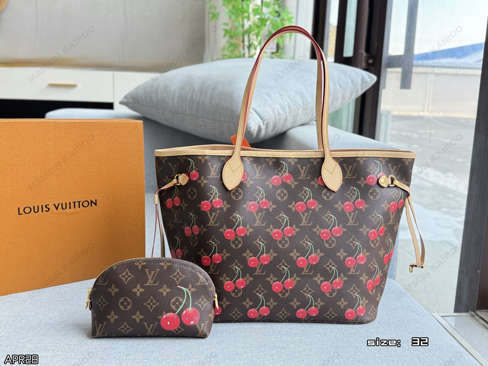 Louis Vuitton LV x TM Neverfull MM Monogram Canvas Cherry Print Tote Bag With Dome Zipped Pouch - KAIROO