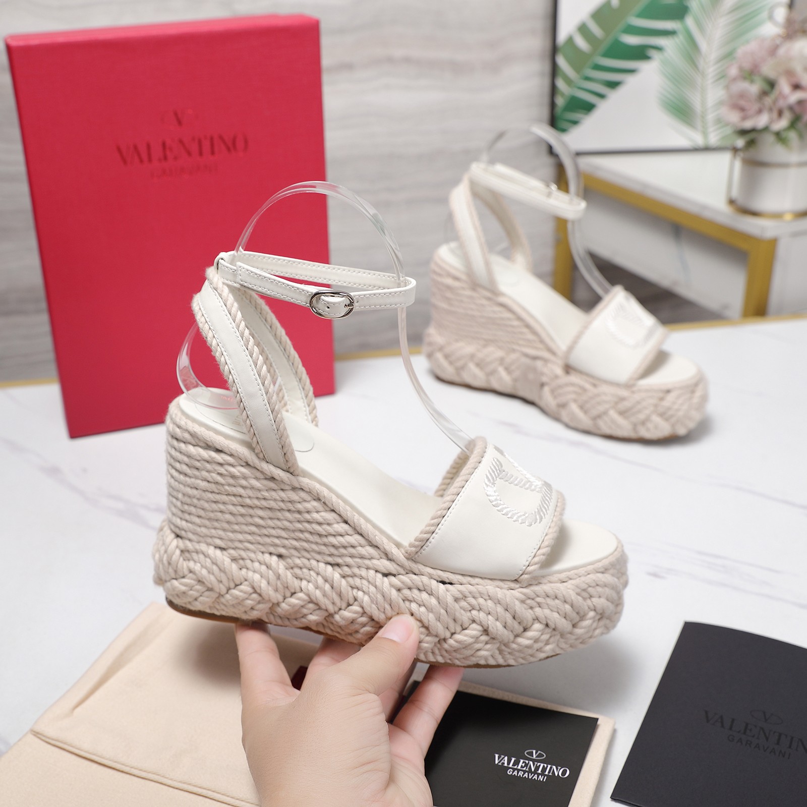 Valentino Garavani White Smooth Leather VLogo Embroidered Platform Jute Wedge Espadrille Sandal Heel - KAIROO