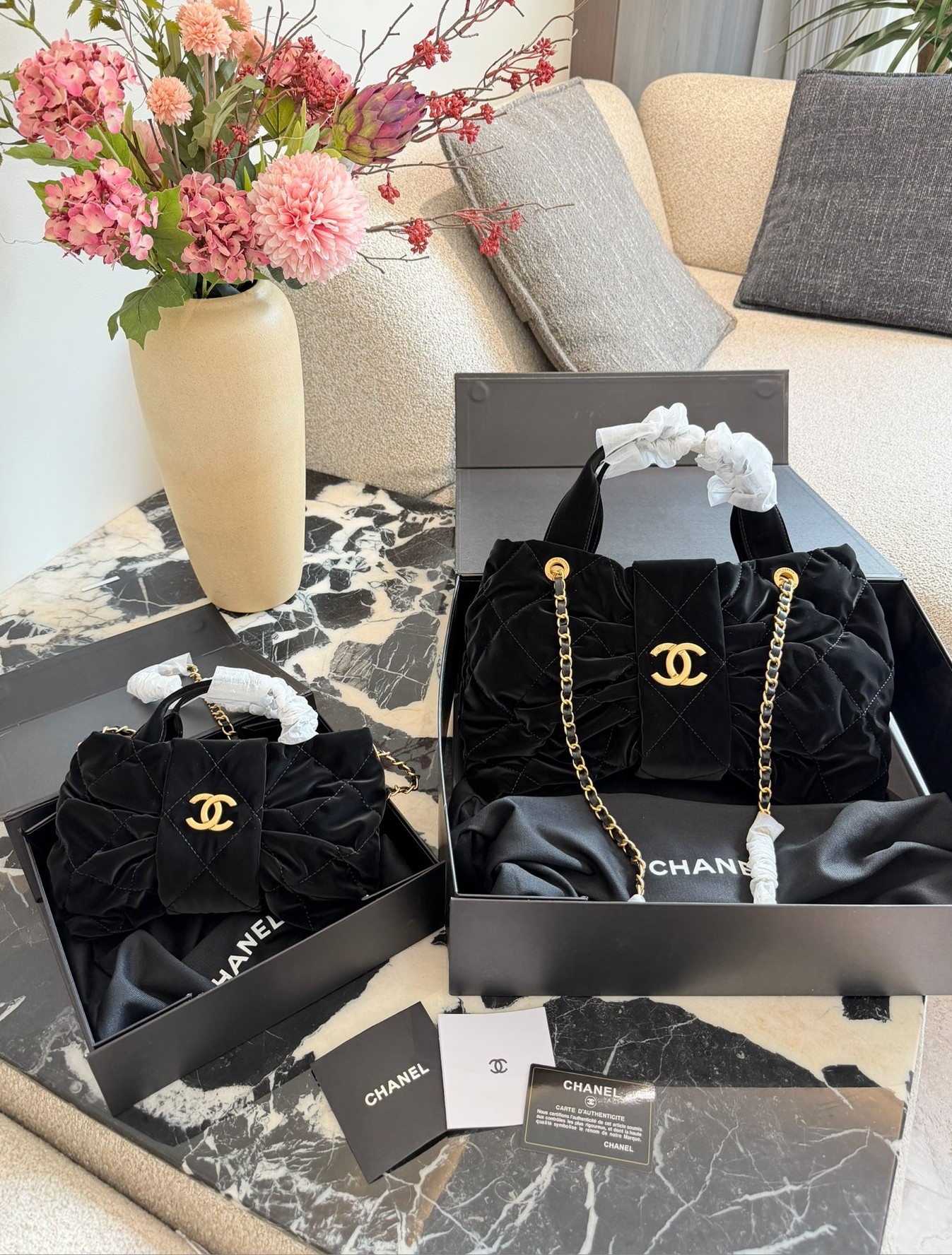 Chanel 25K Black Nylon & Velvet Satin Quilted Bow Shaped Chain Puffy Ribbon Tote Top Handle Bag - KAIROO