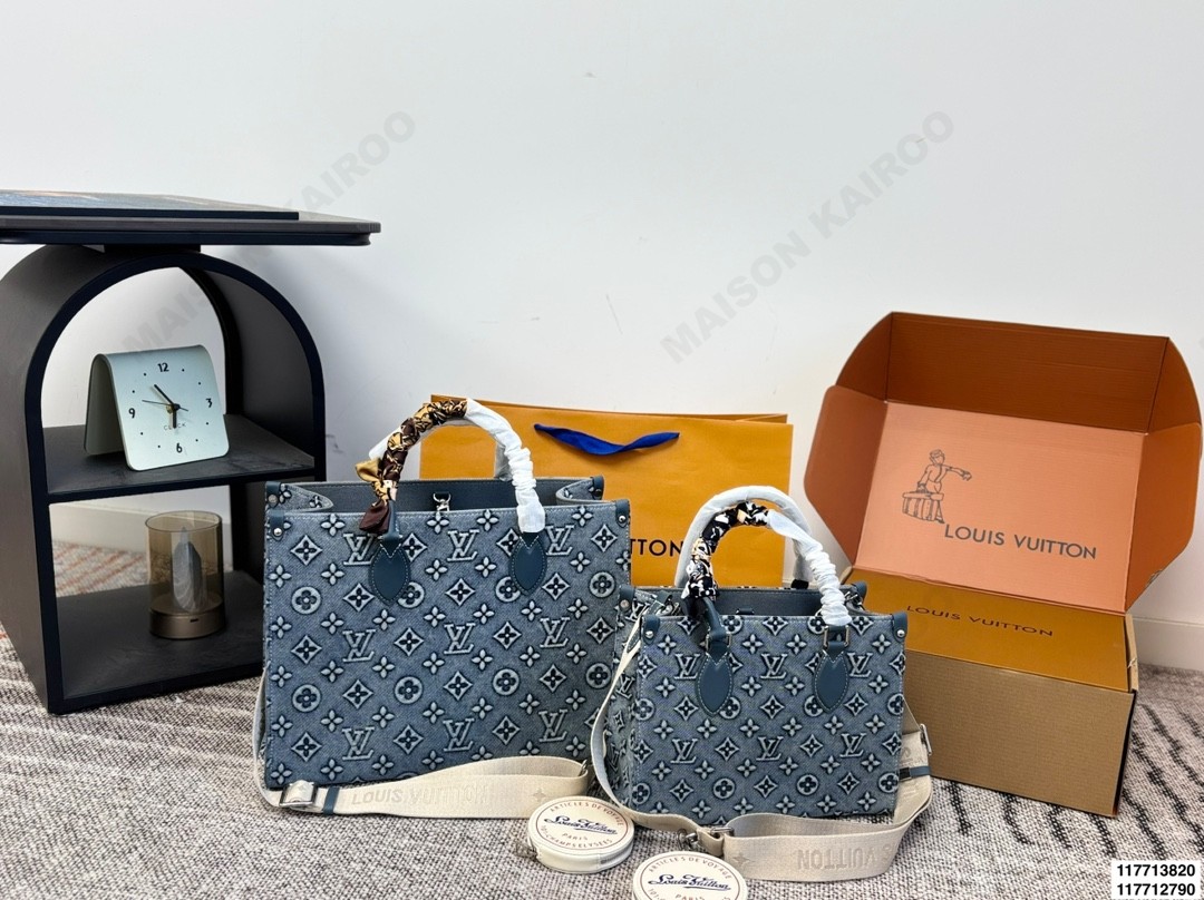Louis Vuitton LV OnTheGo BB/PM/MM Monogram Denim Small Embossed Round Coin Purse Top Handle Tote Bag - KAIROO