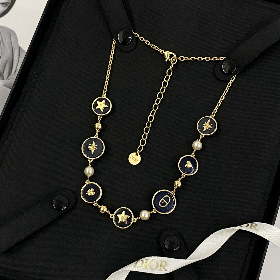 Dior Dark Blue Round Pendant Pearl Multi-element Necklace