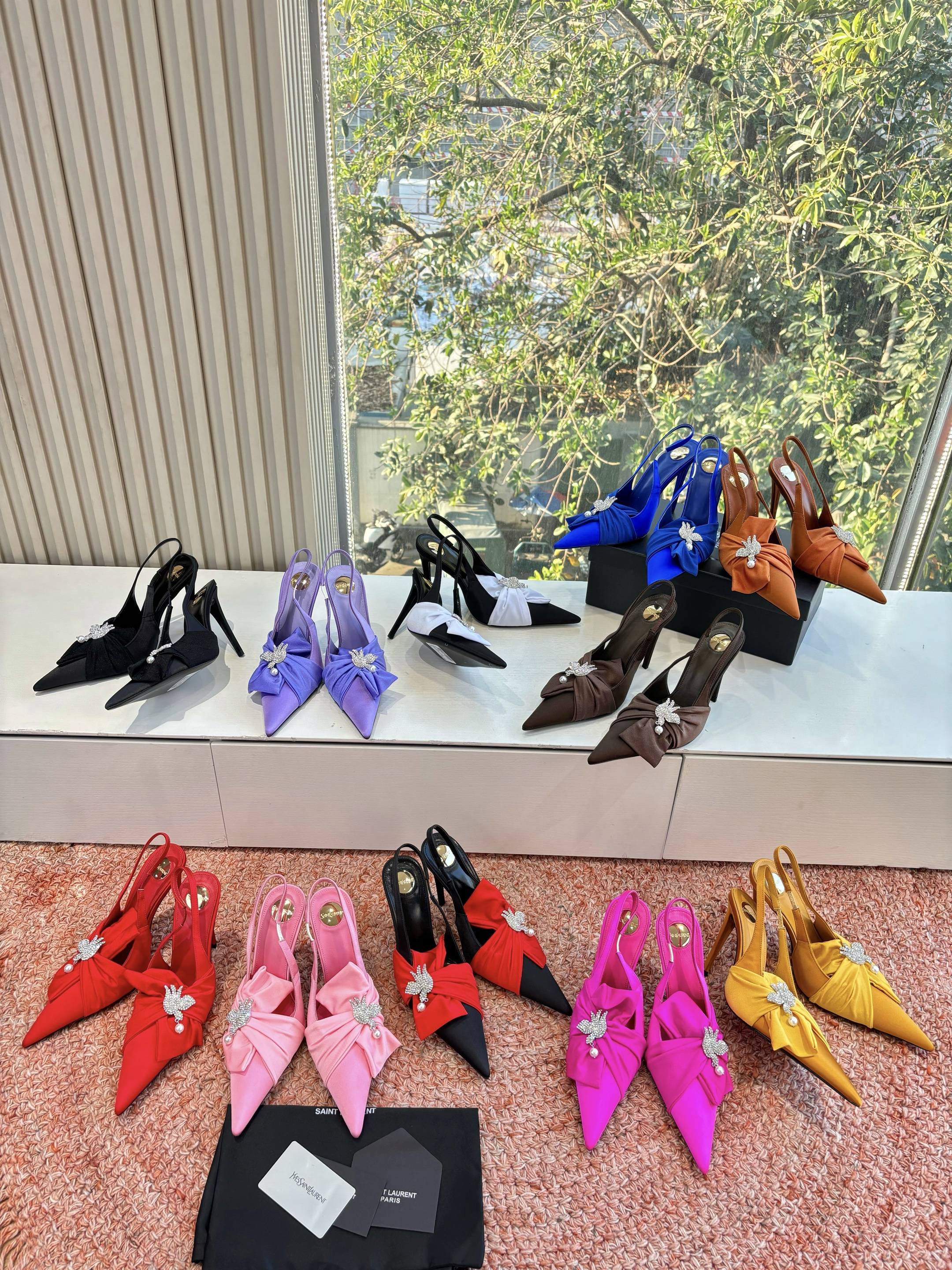 Saint Laurent YSL Maxine Pointed Closed Toe Silk Satin Bow Crystal Brooch Slingback Stiletto Heels Sandals - KAIROO