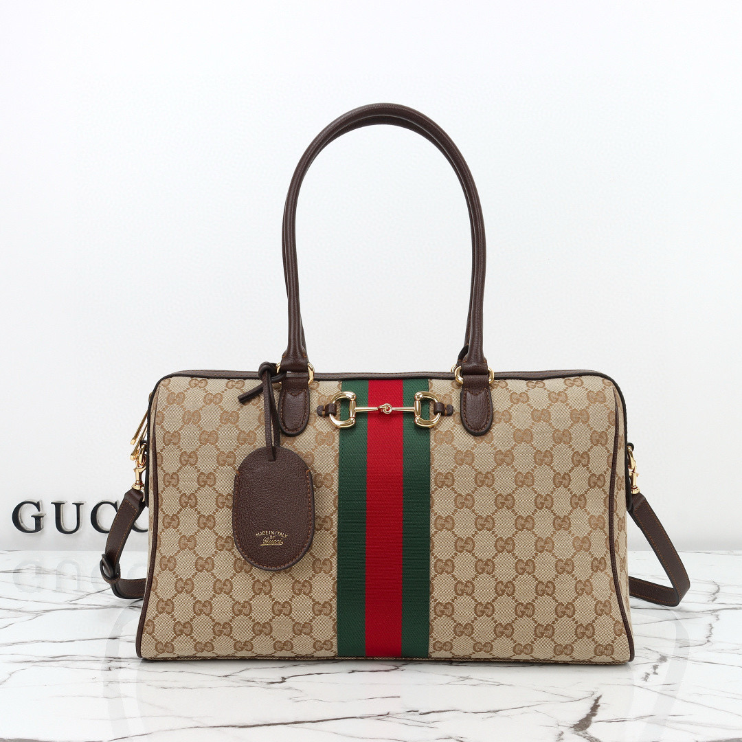 Gucci Borsetto large boston bag in Sand and dark brown GG Canvas