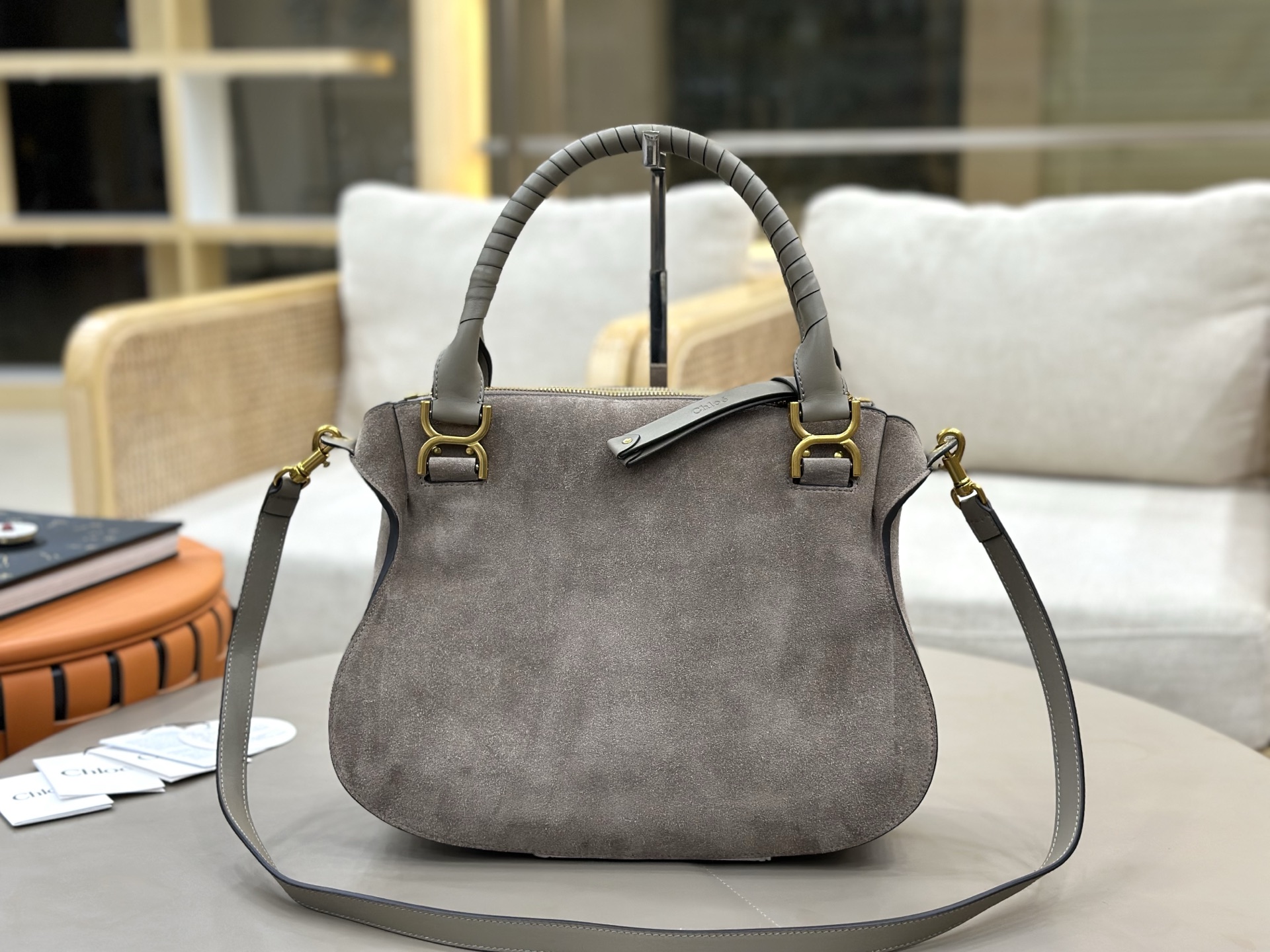 Chloe Small Marcie Bag in Suede Leather-Grey
