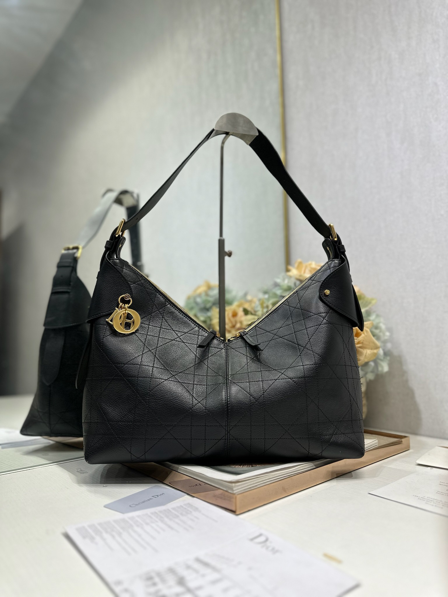 Dior D Voyage Large shoulder Bag in Black Goatskin