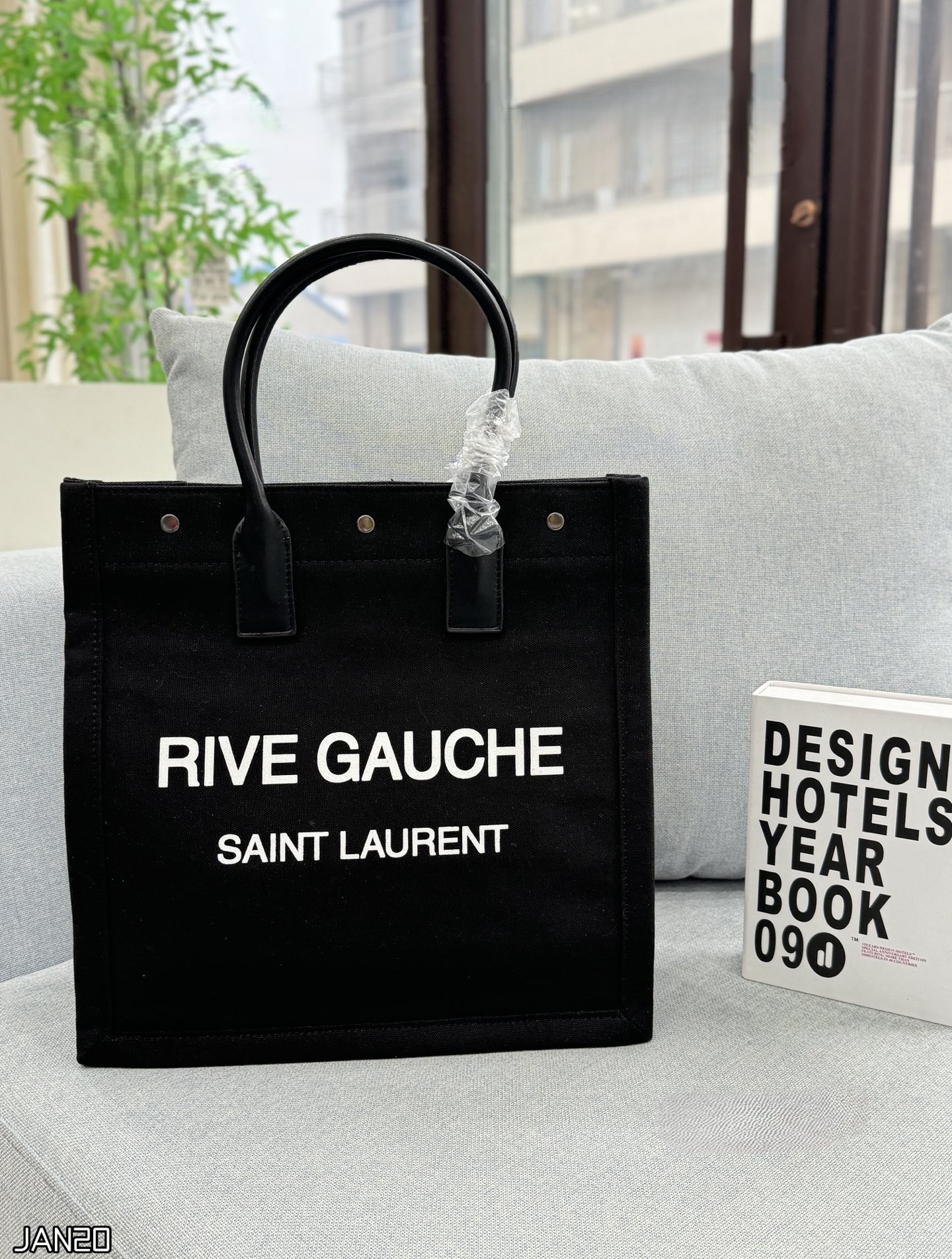Saint Laurent YSL Vertical Rive Gauche Snap Closure Canvas Leather Trim Hand Tote Bag - KAIROO