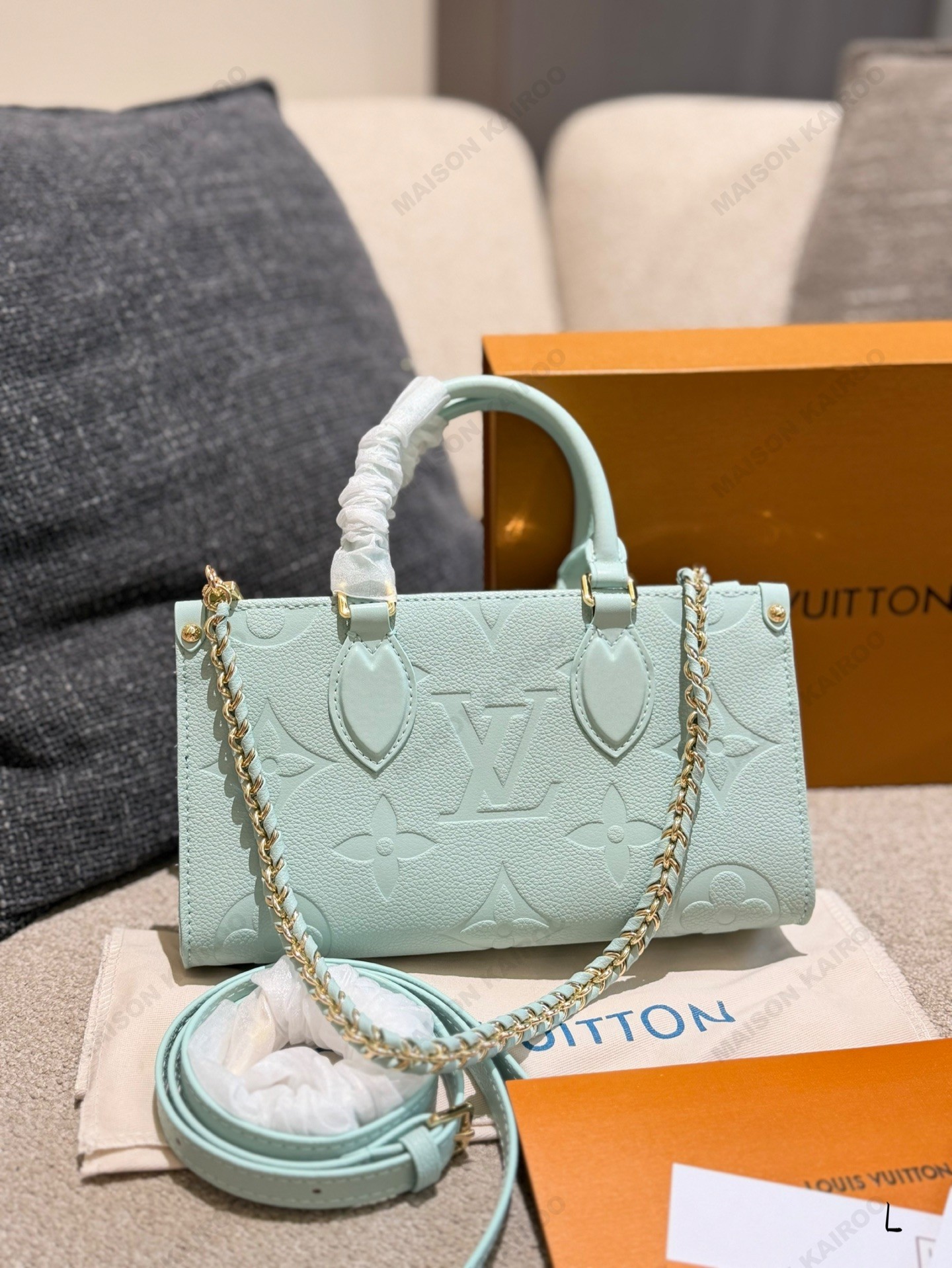 Louis Vuitton LV OnTheGo East West Mint Green Giant Monogram Empreinte Leather Top Handle Tote Bag - KAIROO