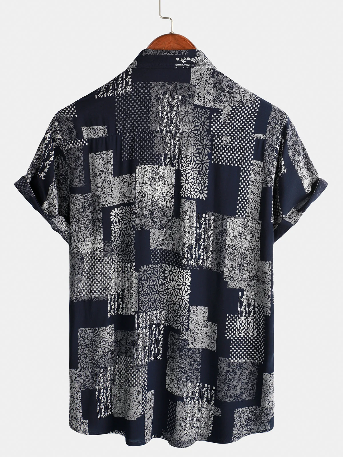 Men's Vintage Retro Daisy Floral Patchwork Print Vacation Button-Up Short Sleeve Shirt