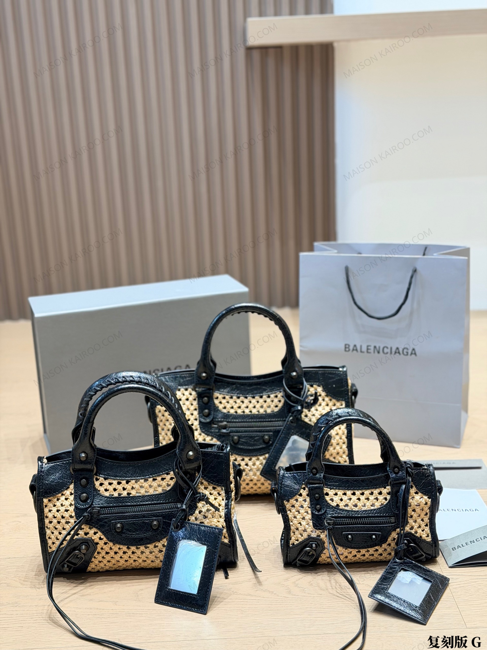 Balenciaga Le City Hollow Woven Straw Cracked Arena Leather Mirror Charm Top Handle Bag - KAIROO