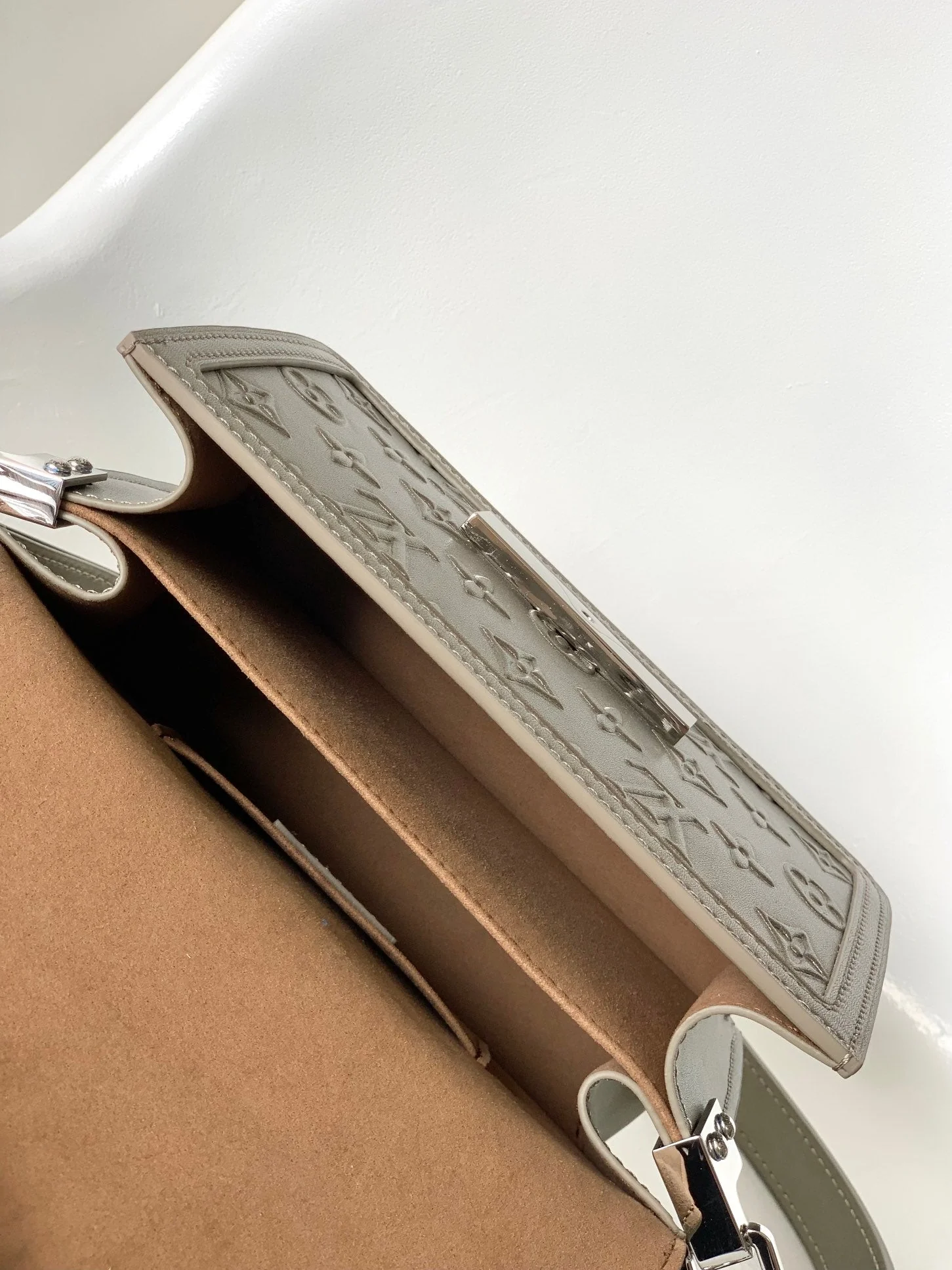 LV Dauphine Bag 20cm Metallic Sliver Monogram Embossed Cafskin