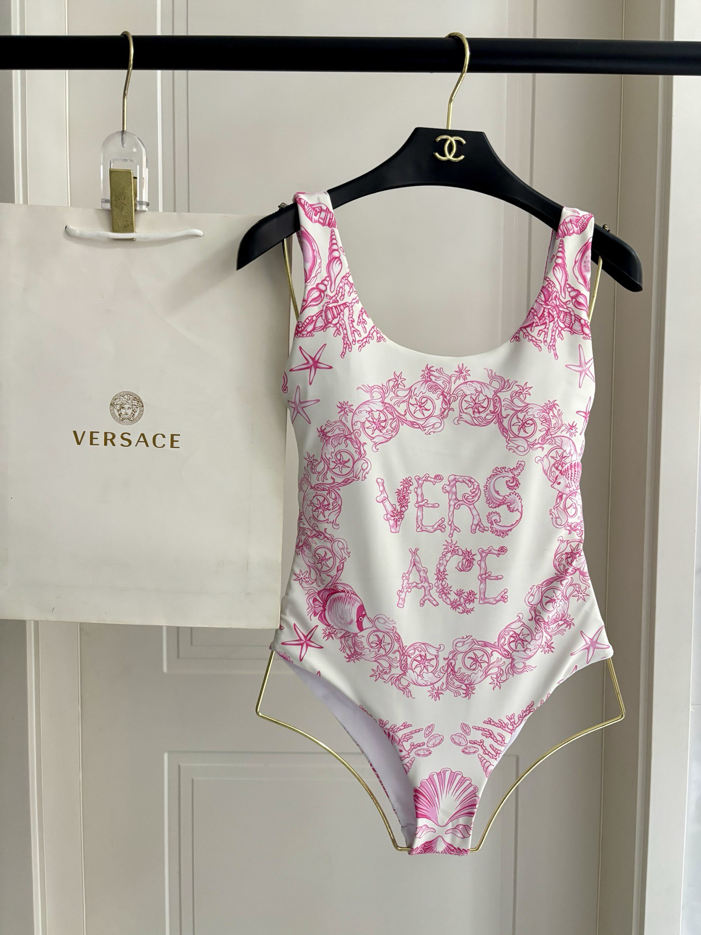 Versace Pink Trésor De La Mer Logo Print High-Cut One-Piece Swimsuit - KAIROO