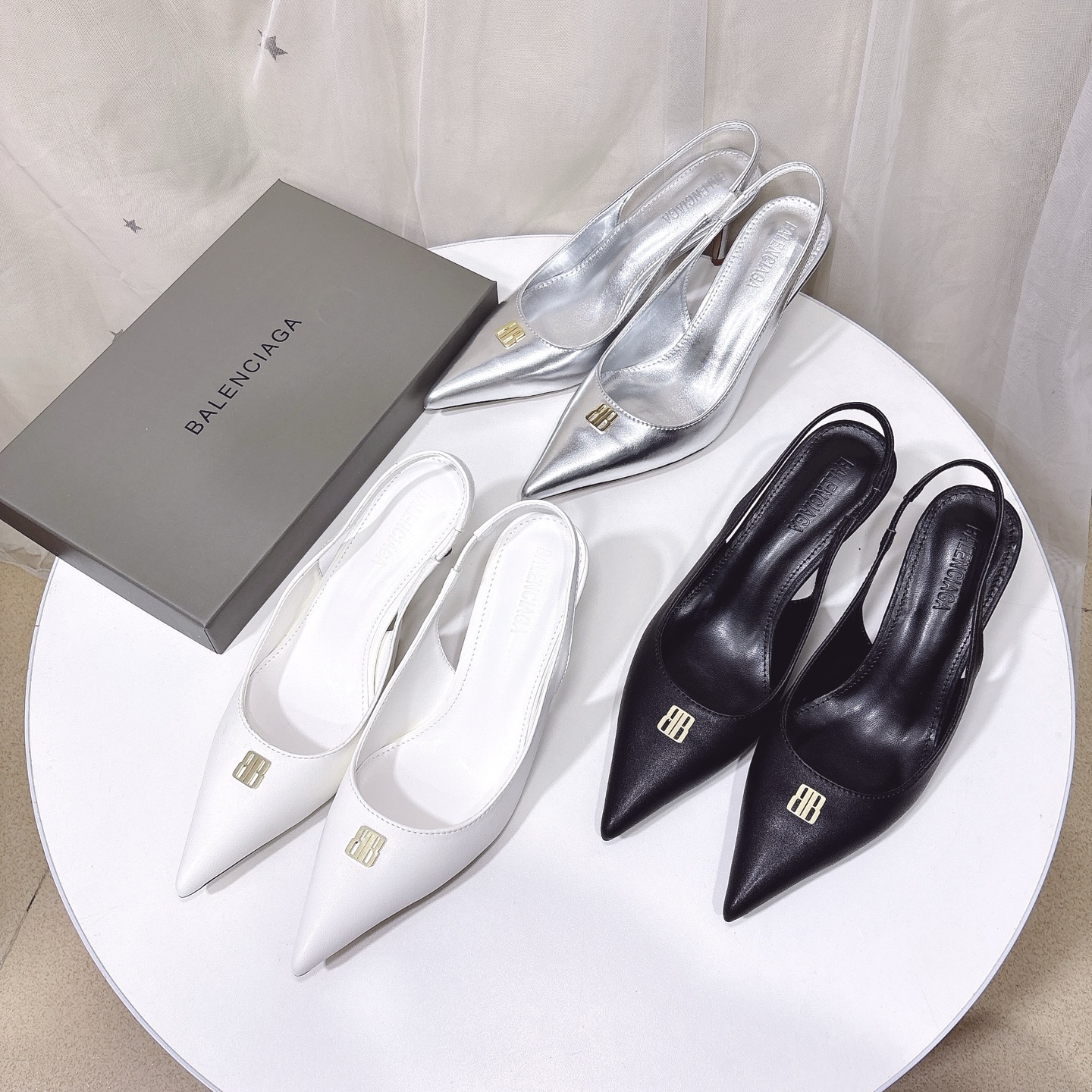 Balenciaga Pointed Toe Gold BB Hardware Smooth Leather Knife Slingbacks Strap Heels - KAIROO