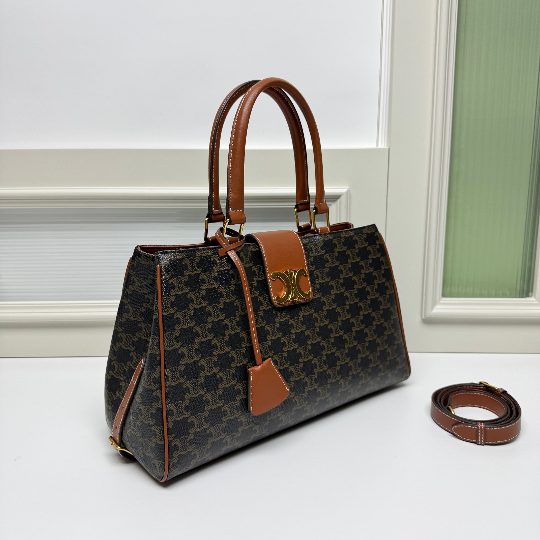 Celine Large Tan Triomphe Monogram Canvas Metallic Closure Briefcase Doctors Bag - KAIROO