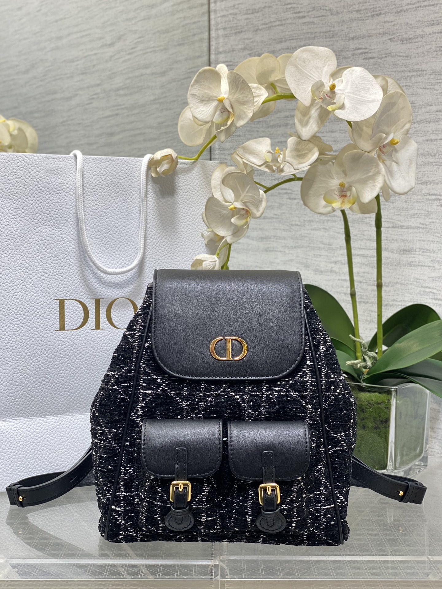 Dior Caro Small Backpack in Black Tweed and leather