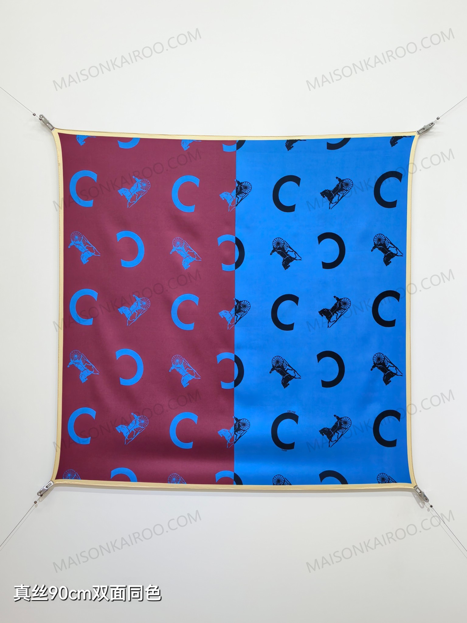 Celine Burgundy & Blue Split Carriage Square Scarf - KAIROO