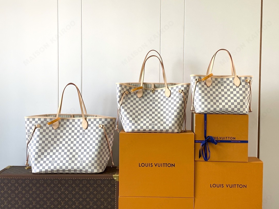 Louis Vuitton LV Neverfull PM&MM&GM Damier Azur Canvas Beige& Red Lining Tote Top Handle Bag With Pouch - KAIROO
