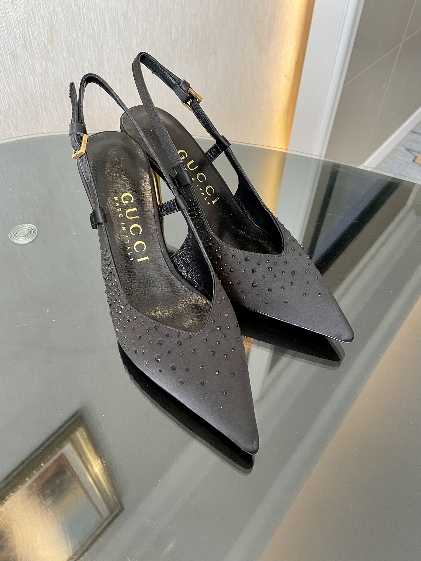 Gucci Scattered Crystal Embellished Satin Lambskin Leather Pointed Toe Slingback Stiletto Heels - KAIROO