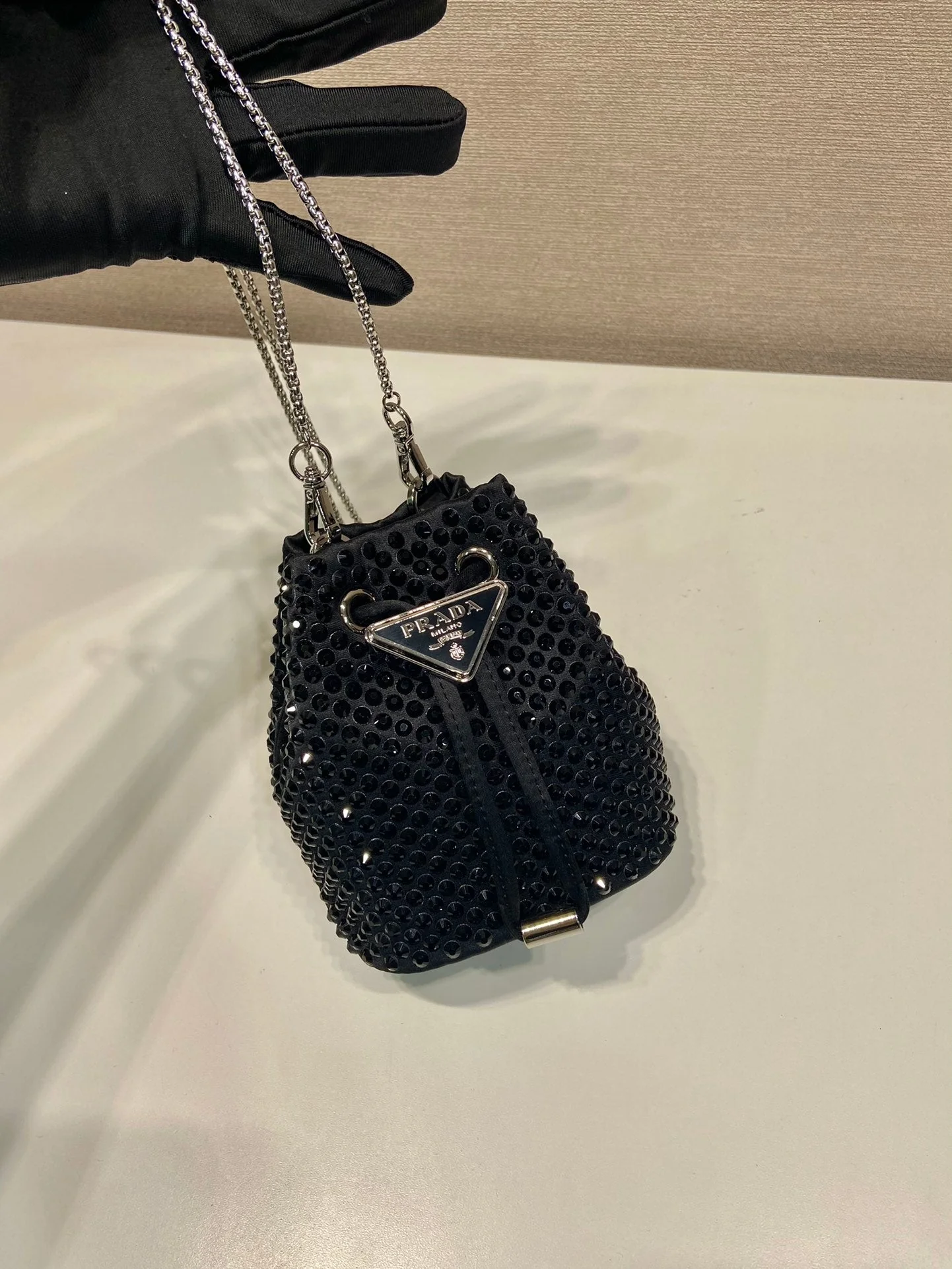 Prada MINI BUCKET BAG 12 IN BLACK NYLON FABRIC EMBELLISHED FULL CRYSTALS