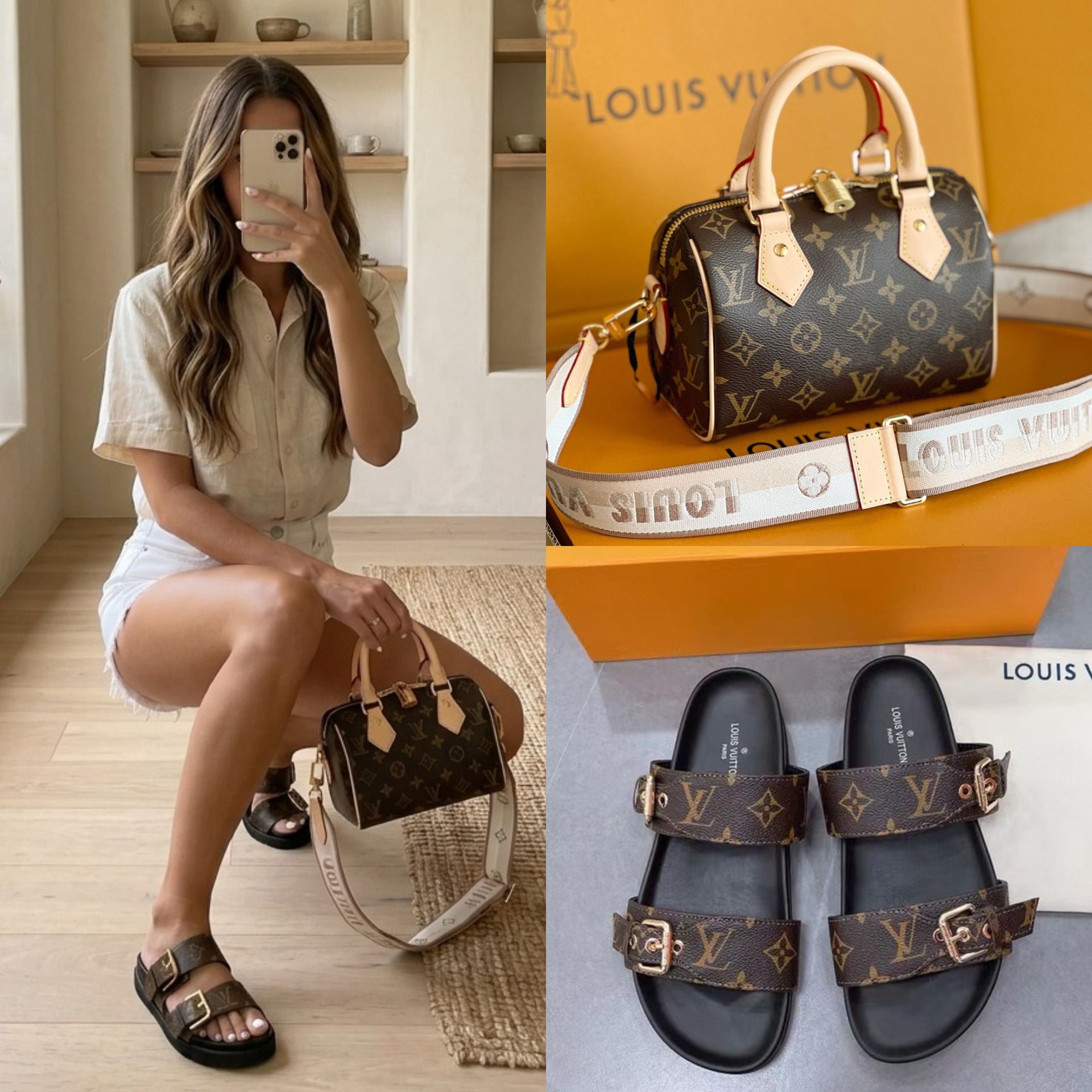 Louis Vuitton LV Speedy Bandoulière 20 & Double-Strap Slides Set - KAIROO
