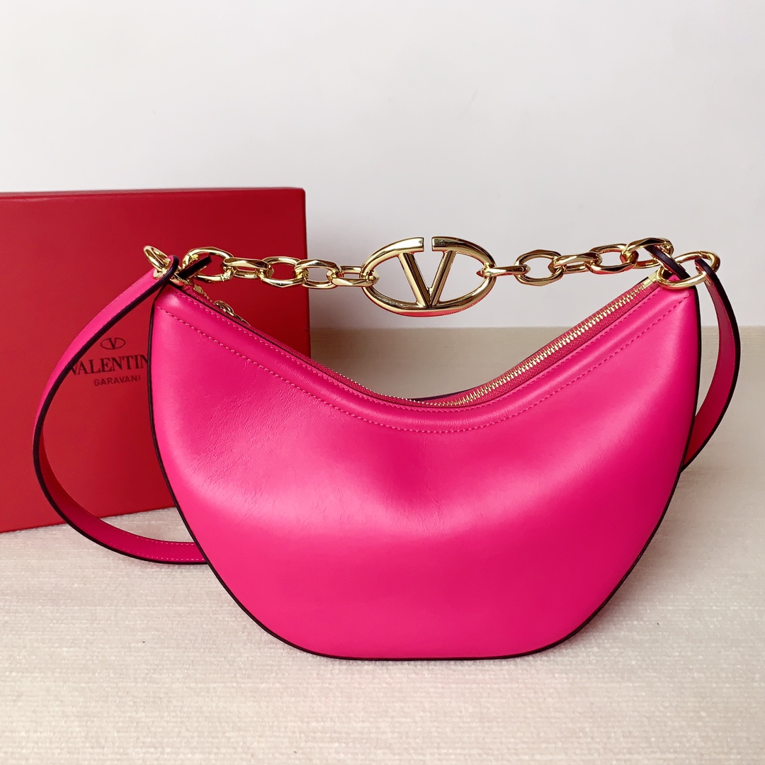 Valentino Small Vlogo Moon Hobo in Smooth Calfskin-Fuchsia