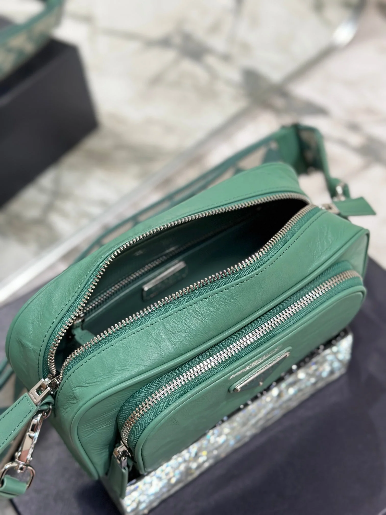 Prada CAMERA BAG 23 IN CASTLETON GREEN WRINKLED LAMBSKIN
