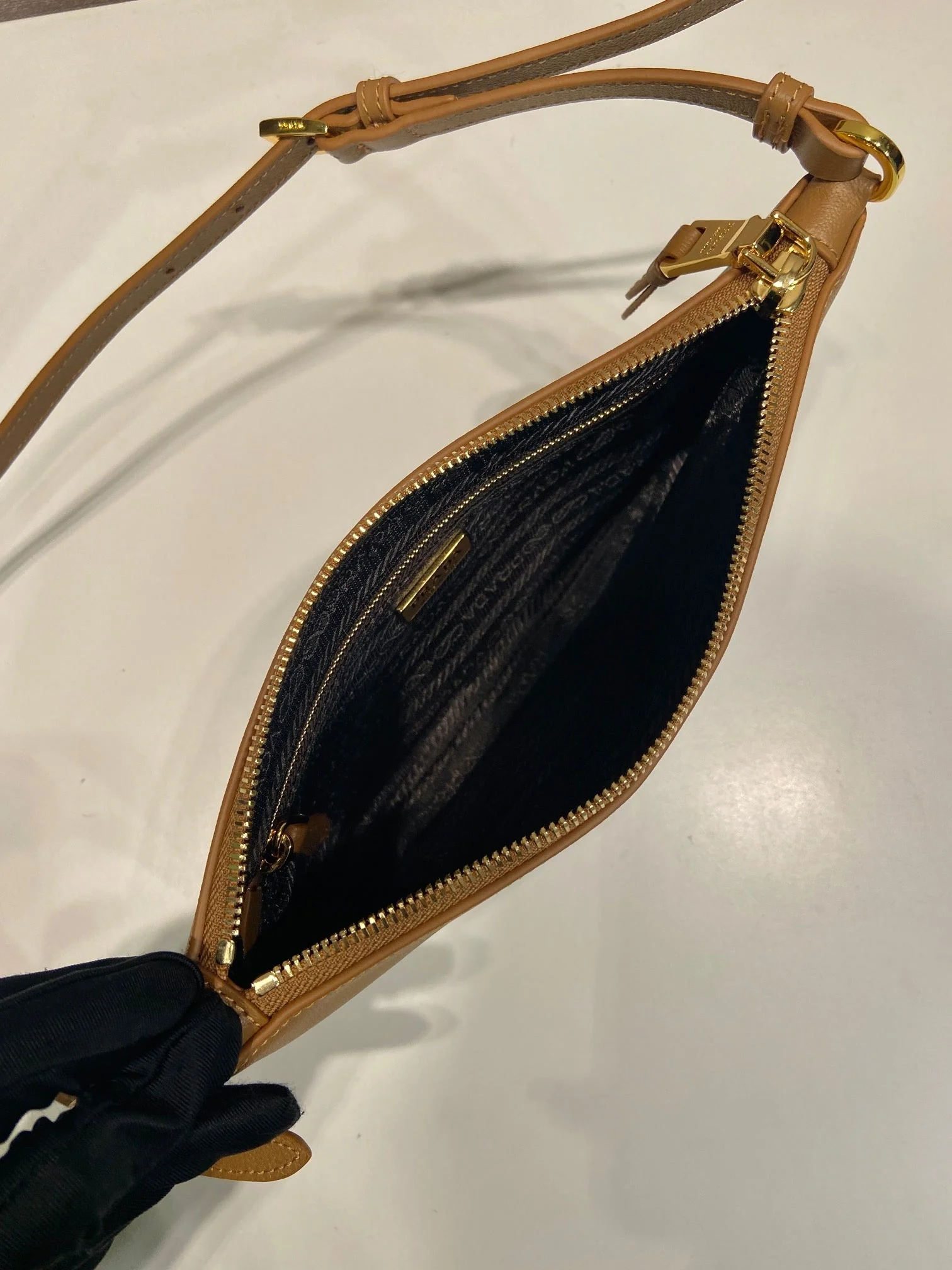 Prada TRIANGLE LOGO SHOULDER BAG 24 IN PEANUT BROWN SMOOTH CALFSKIN