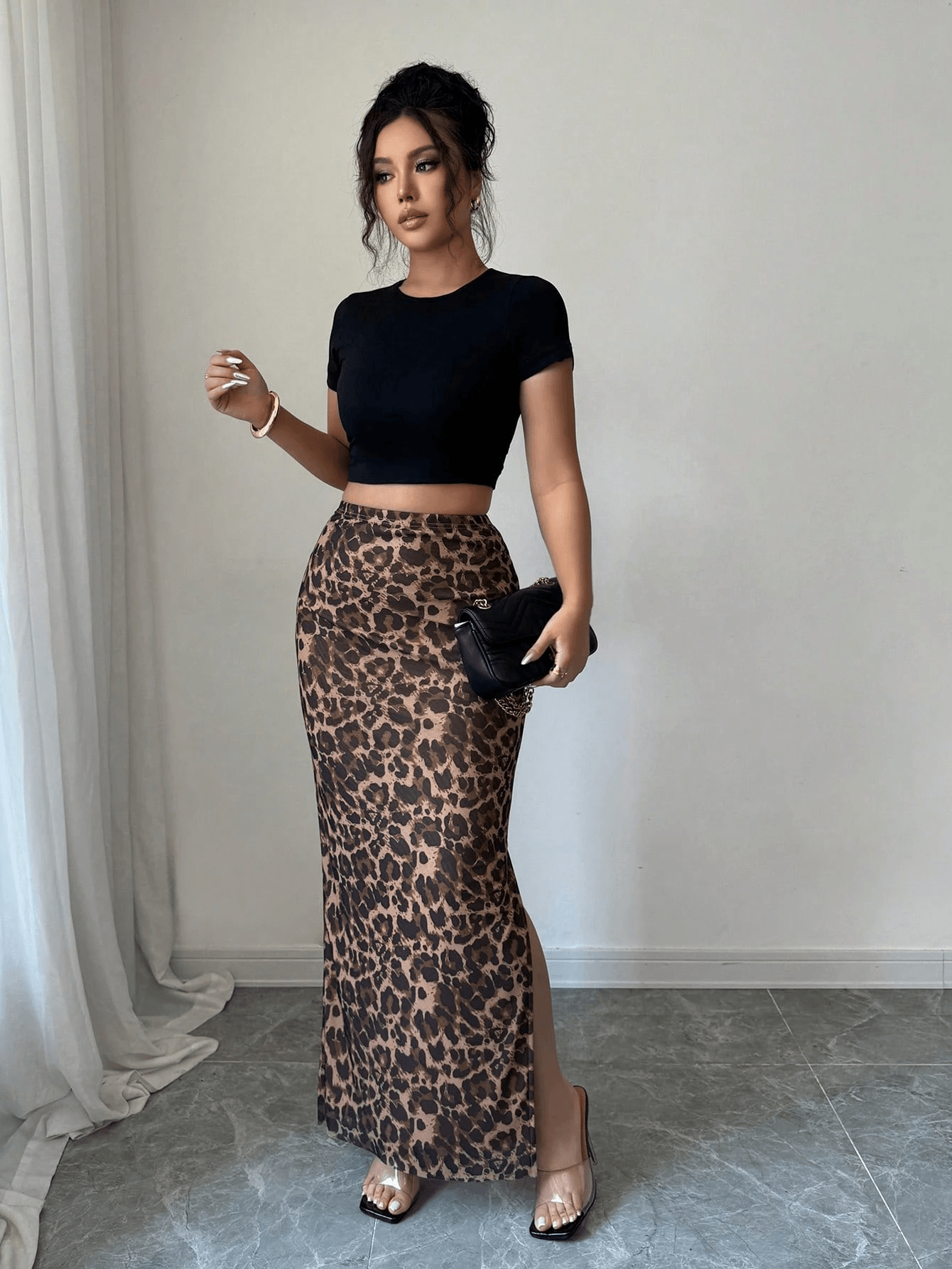 Women's Leopard Print Mesh Fitted Skirt