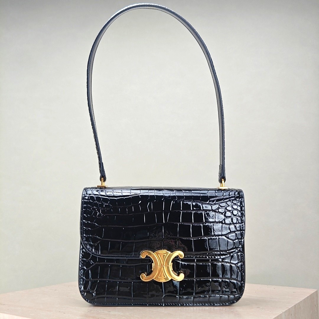 Celine Crocodile Embossed Leather Gold Triomphe Clasp Boxy Shoulder Bag - KAIROO