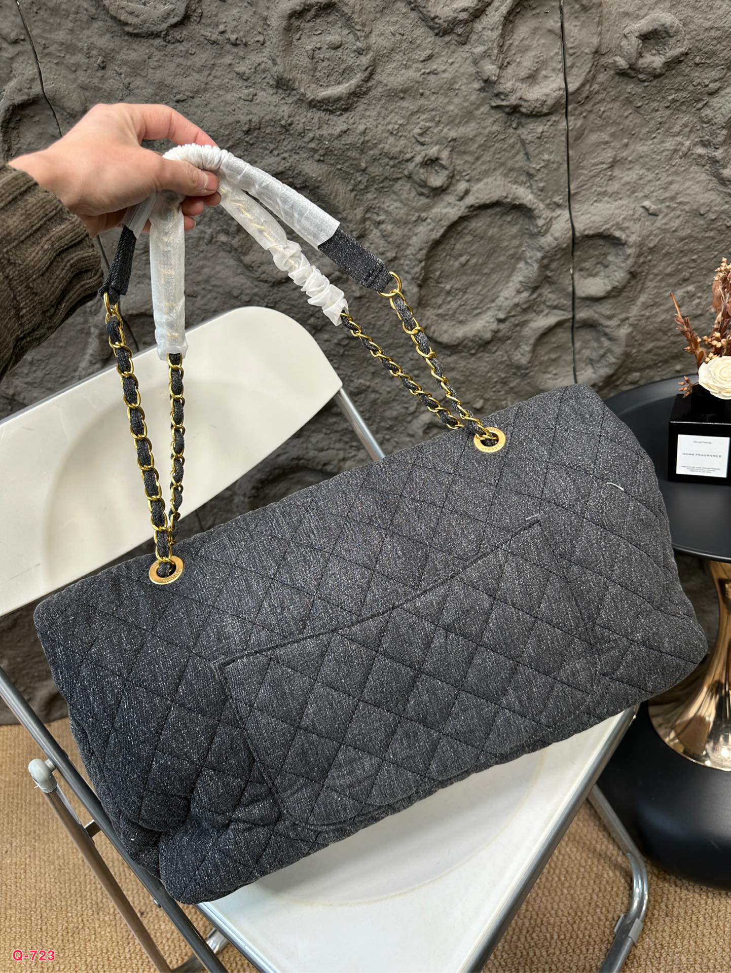 Chanel XXL CF Maxi Quilted Charcoal Washed Denim Airport Oversized Flap Chain Shoulder Bag - KAIROO