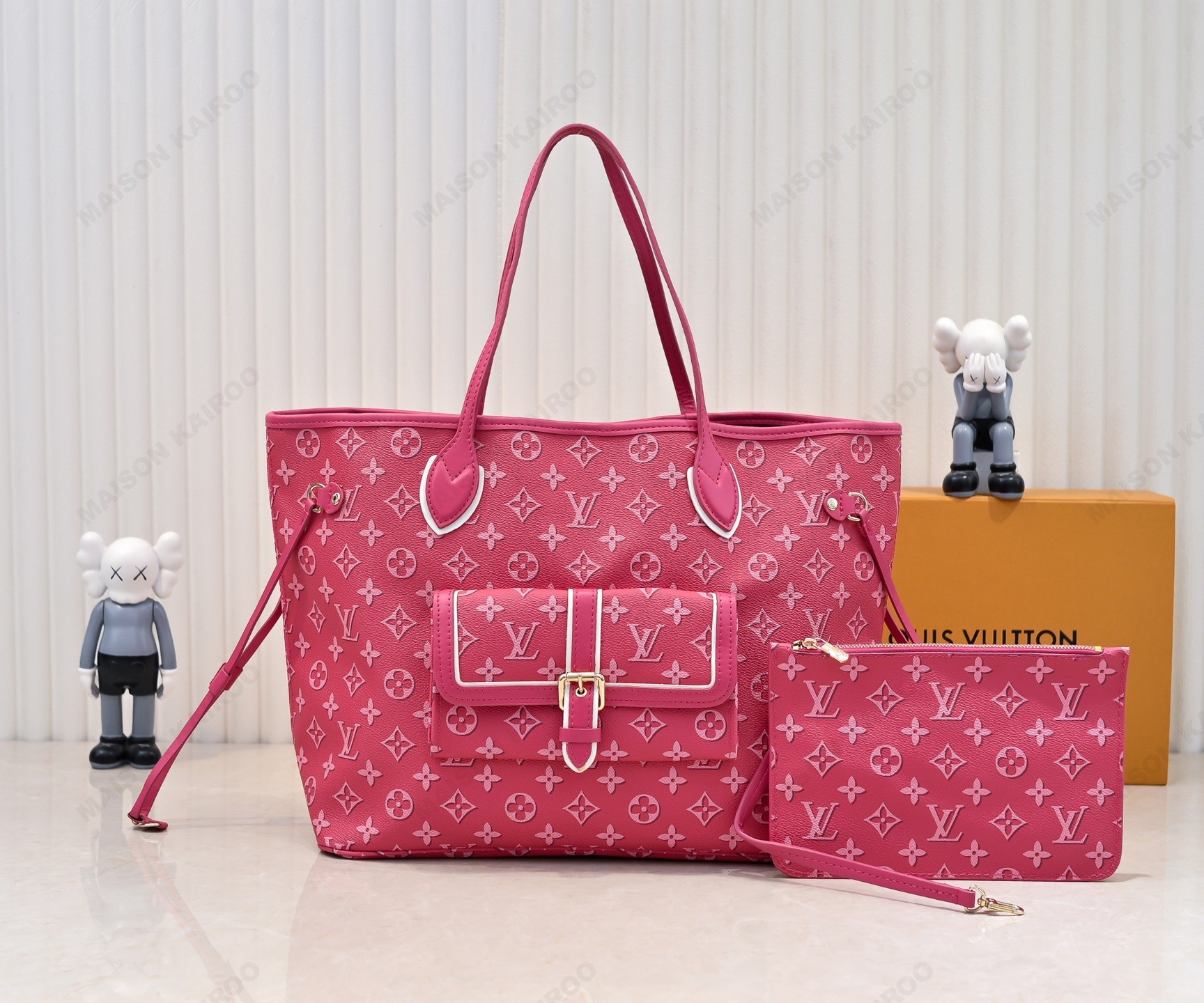 Louis Vuitton LV Fall For You Neverfull MM Fuchsia Pink Monogram Leather External Pocke Tote Bag With Pouch - KAIROO