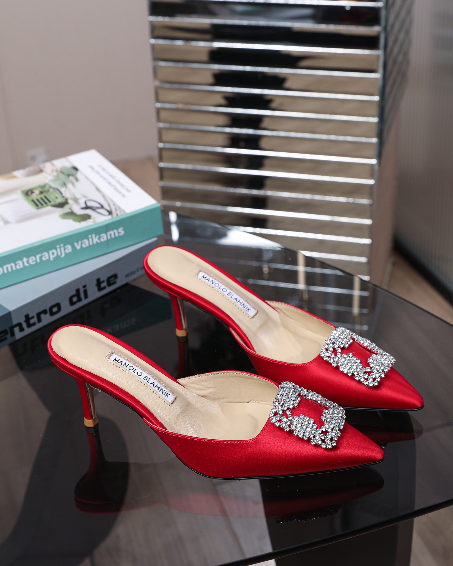 Manolo Blahnik Swarovski Crystal Satin Heeled Slide