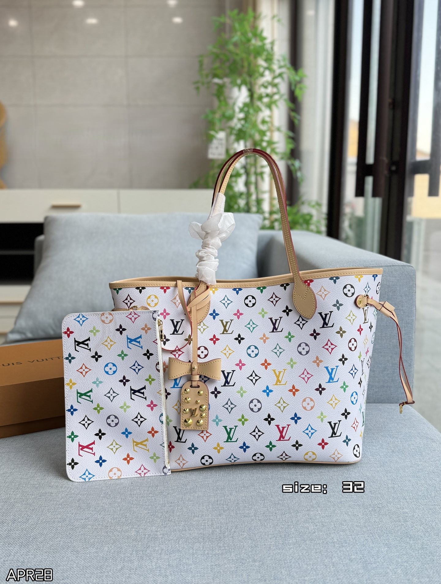 Louis Vuitton x Takashi Murakami Neverfull MM Multicolore White & Black Tote Handbag Bag With Pouch - KAIROO