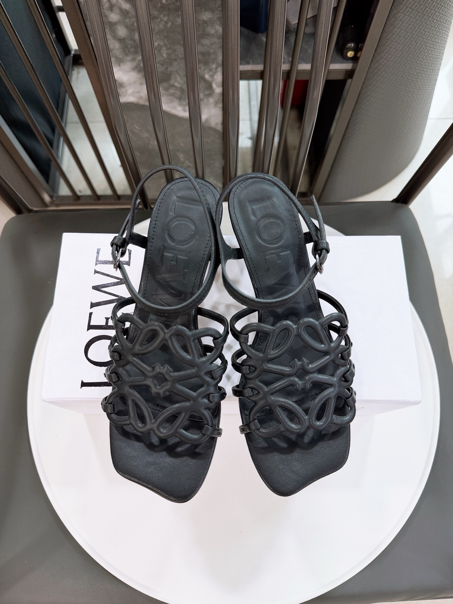 Loewe Anagram Gladiator Leather Cut-Out Cage Ankle Strappy Buckle Square Toe Kitten Heel Sandals - KAIROO