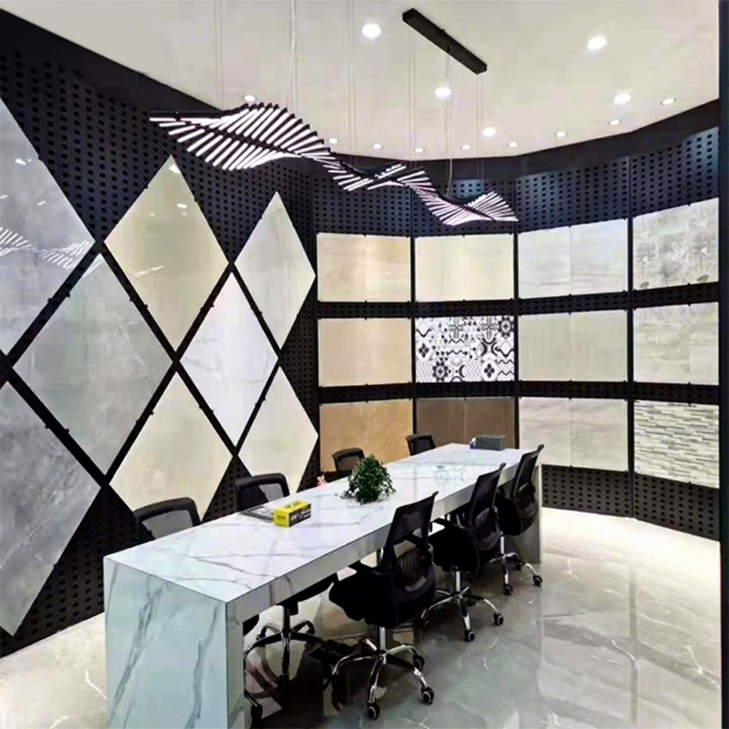 Customization Support High Quality Punched Type Wall Panel Tile Display Panel Wood Flooring Stand Stone Display Rack