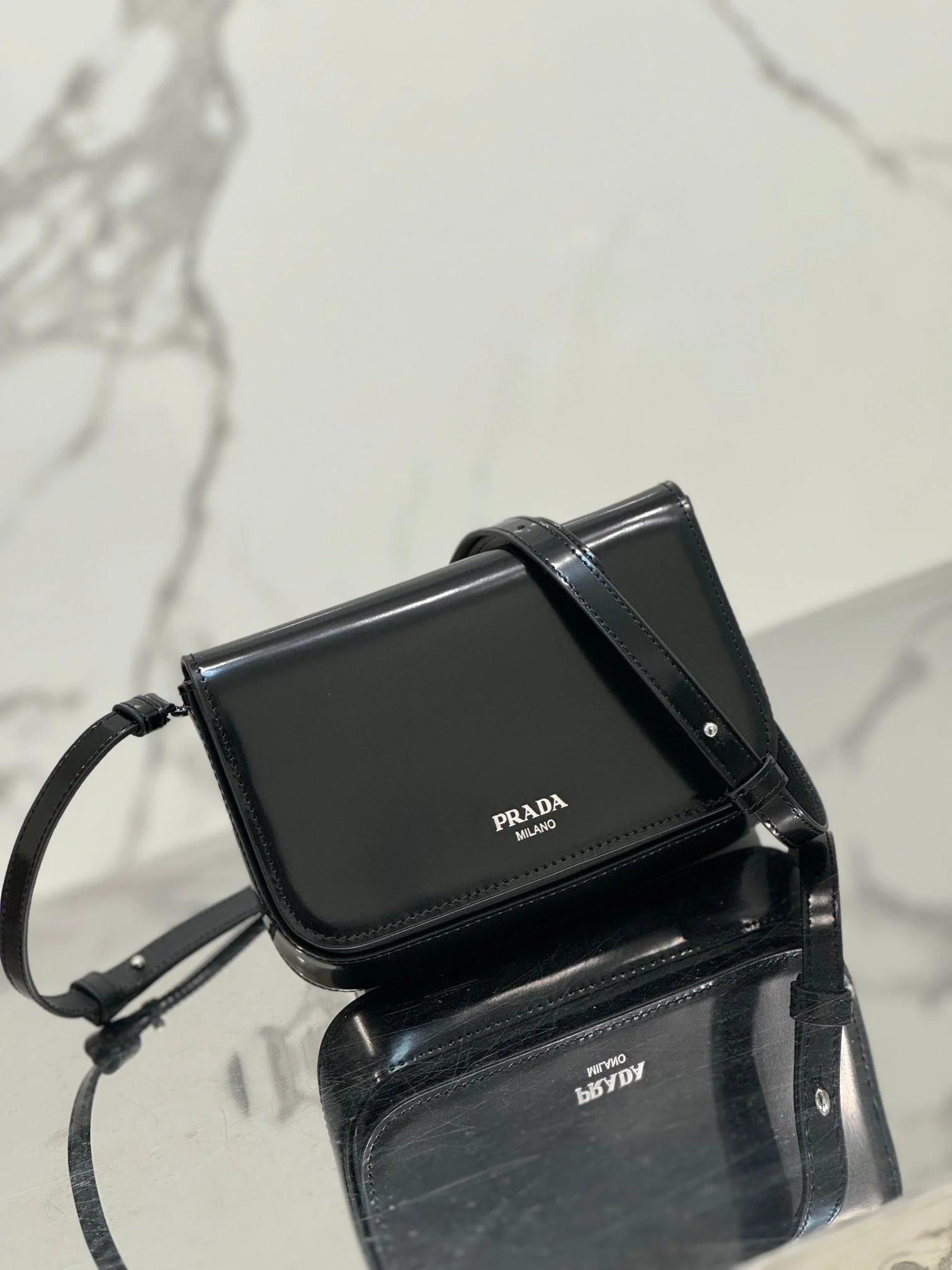 Prada FLAP BAG 18 IN BLACK SHINY CALFSKIN