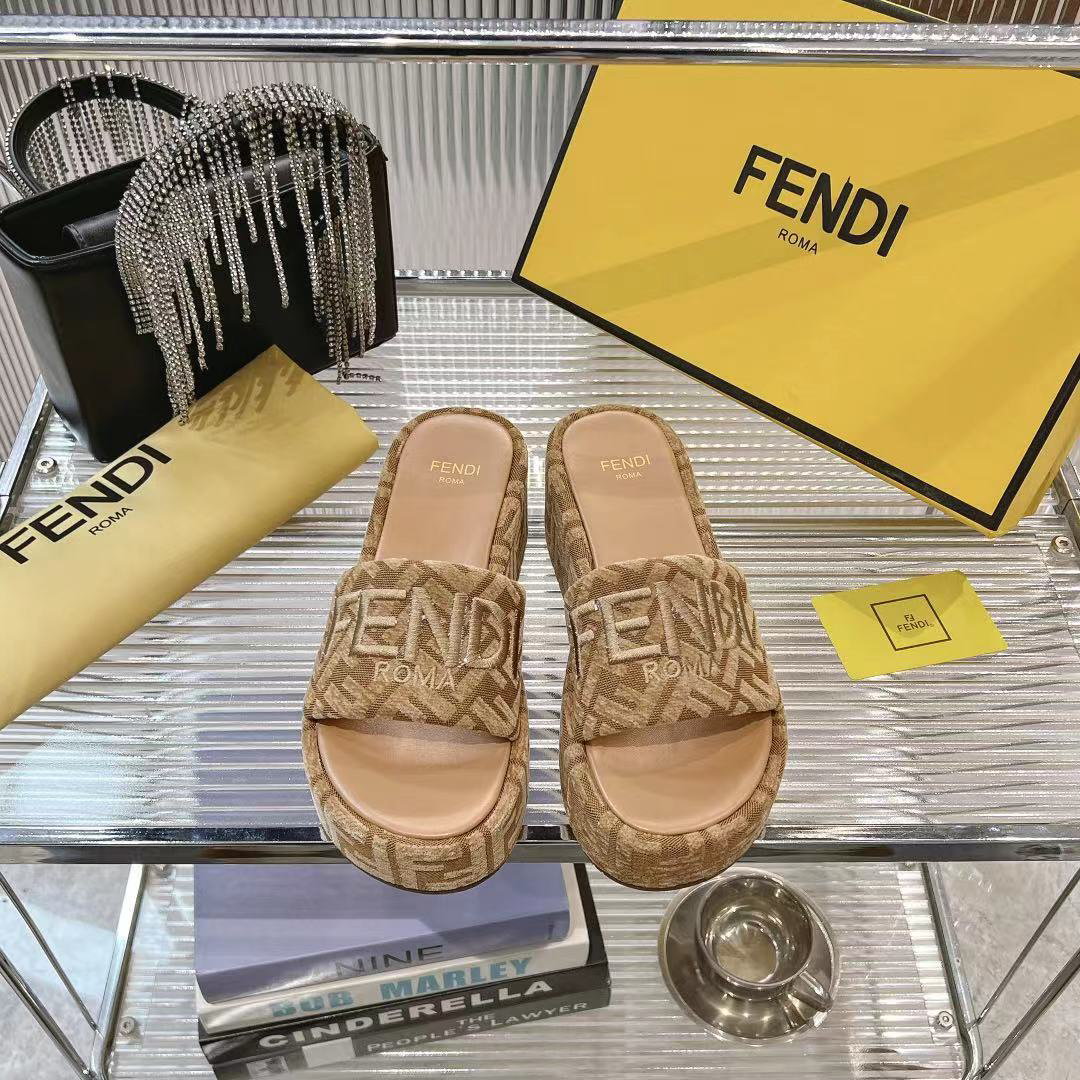 Fendi Sand Open Toe FF Monogram Jacquard Canvas Platform Slippers - KAIROO