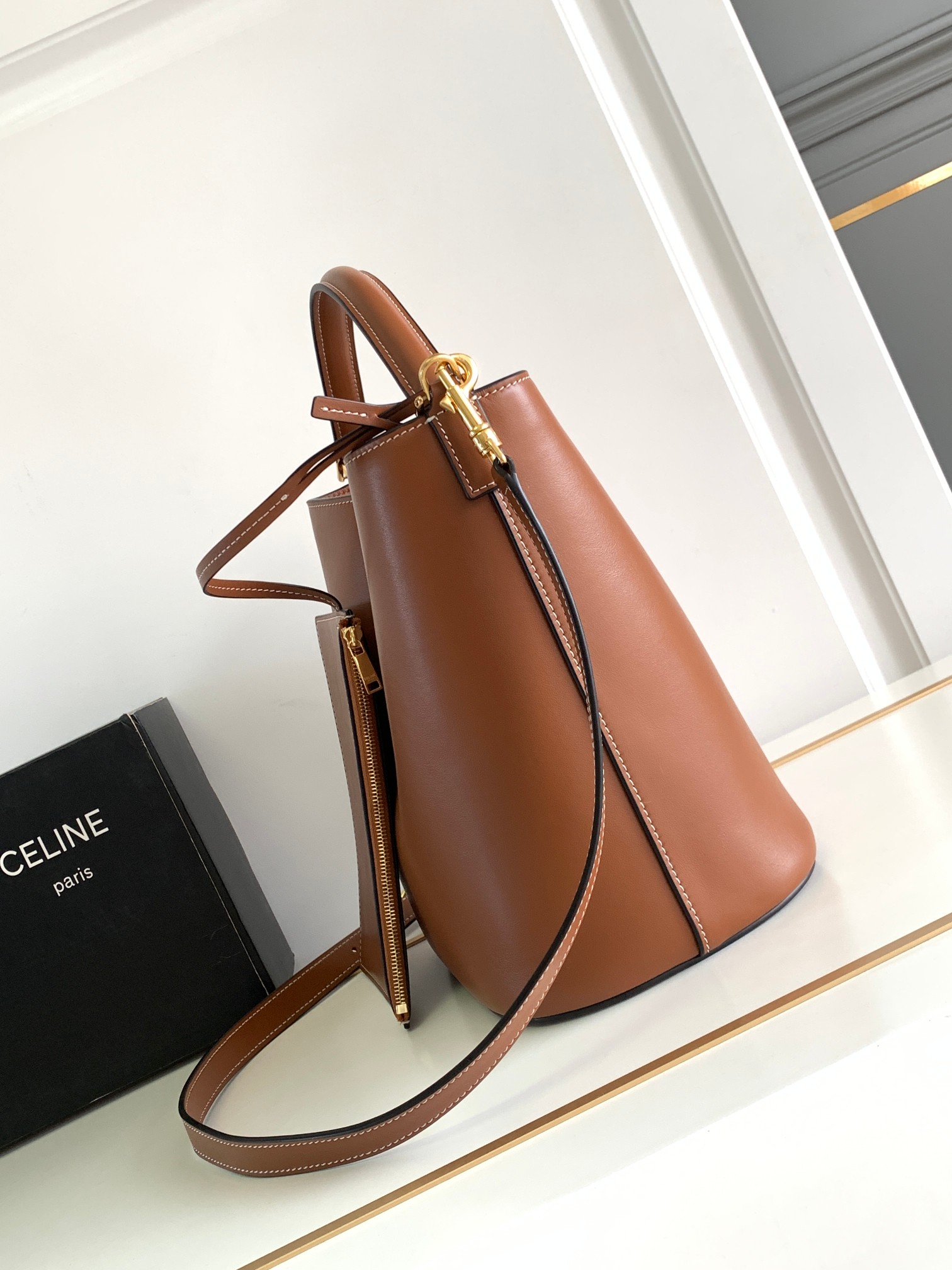 Celine Louise Medium Bucket Bag in Brown Calfskin