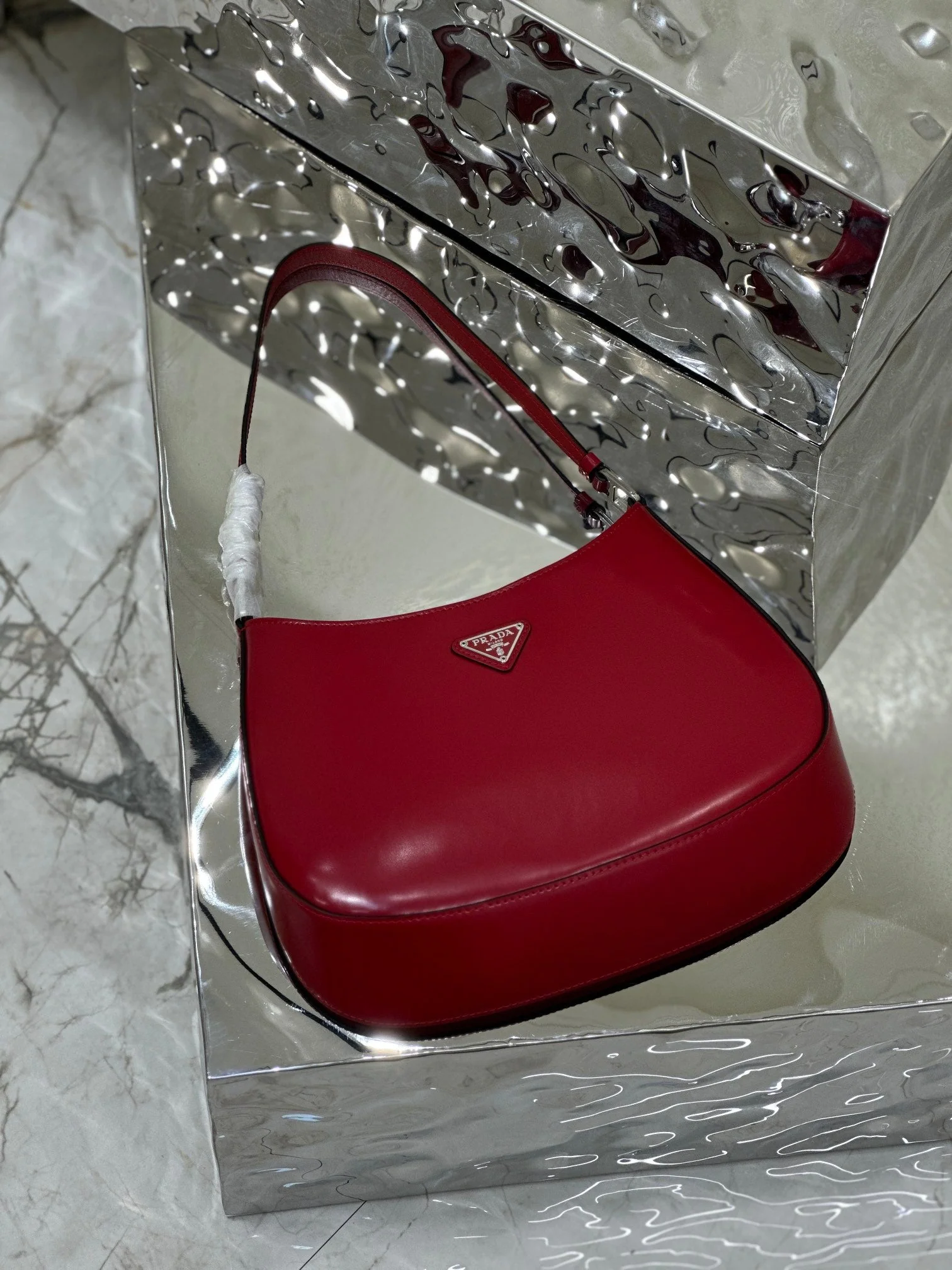 Prada CLEO 27 DARK RED BRUSHED LEATHER SHOULDER BAG