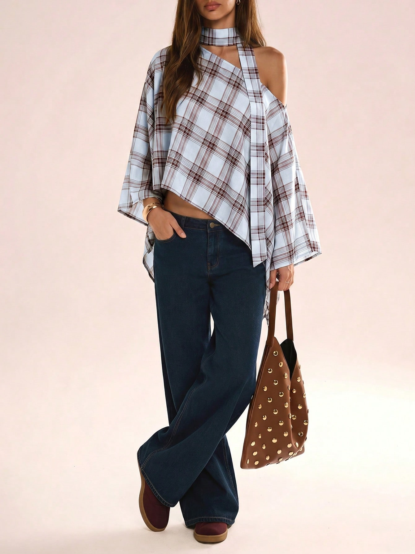 Women's Vintage Plaid Bell Sleeve Asymmetrical Hem Blouse